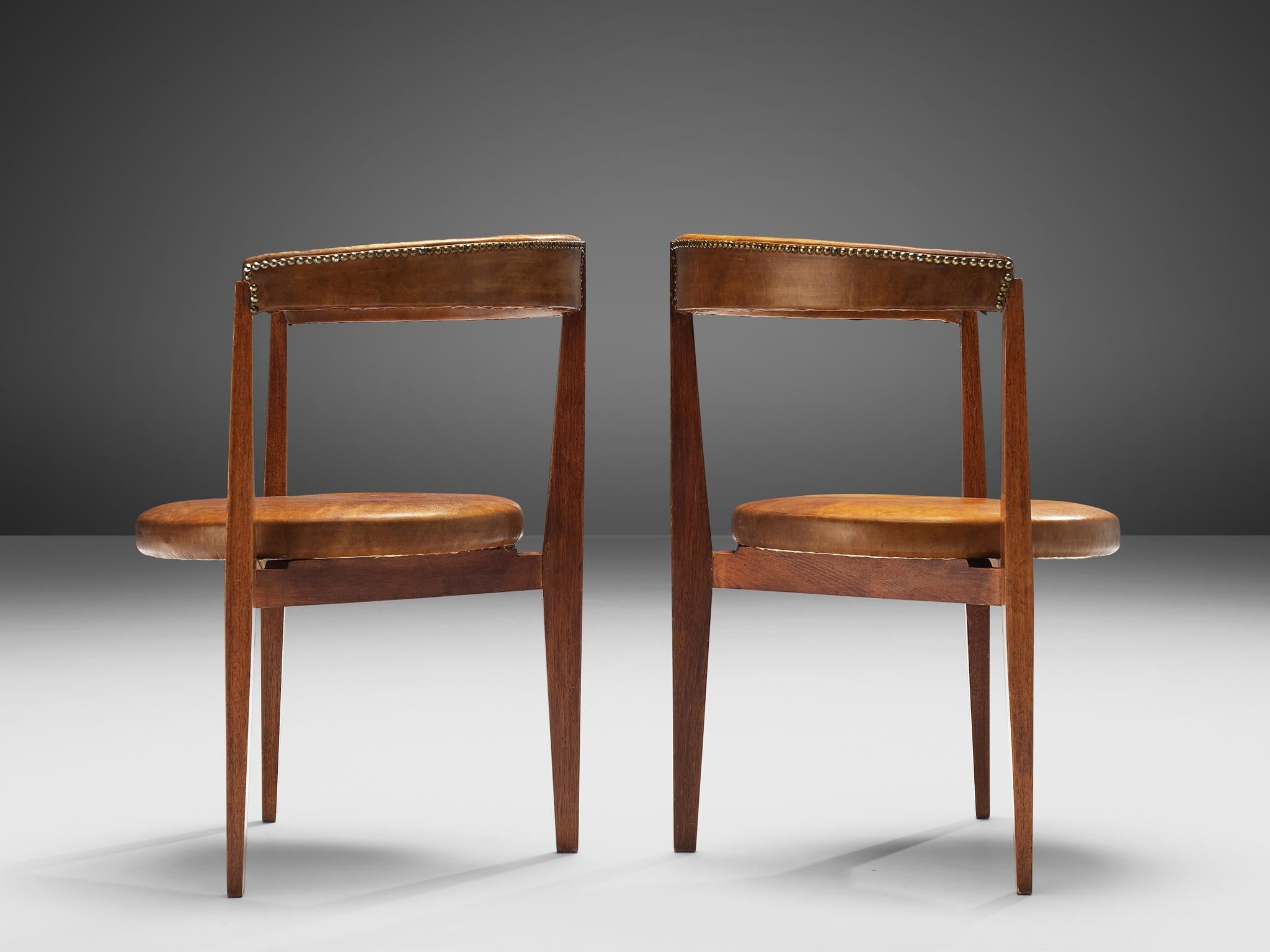 Guido Canali Set of Eight Rare Dining Chairs in Walnut and Cognac Leather