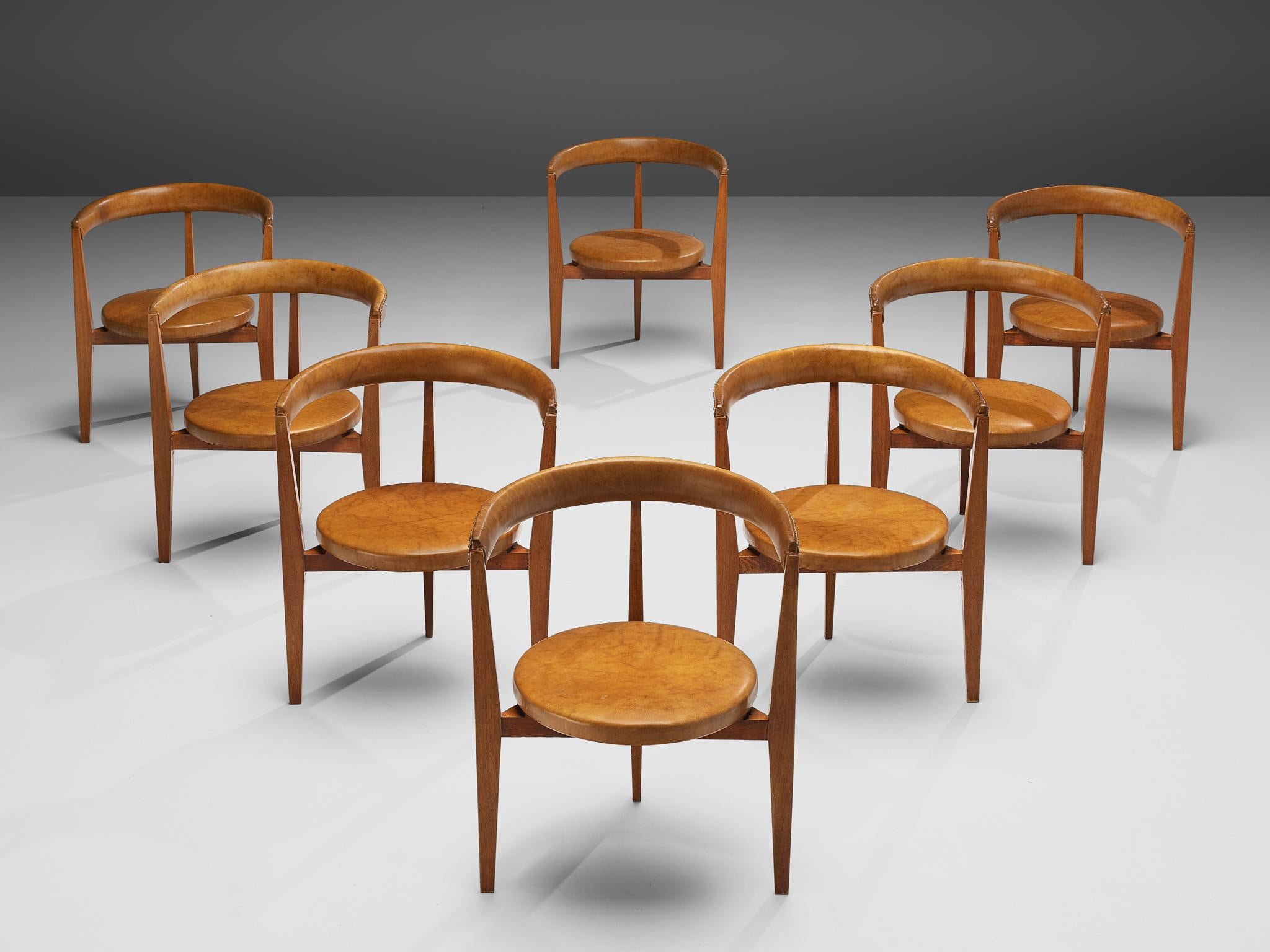 Guido Canali Set of Eight Rare Dining Chairs in Walnut and Cognac Leather