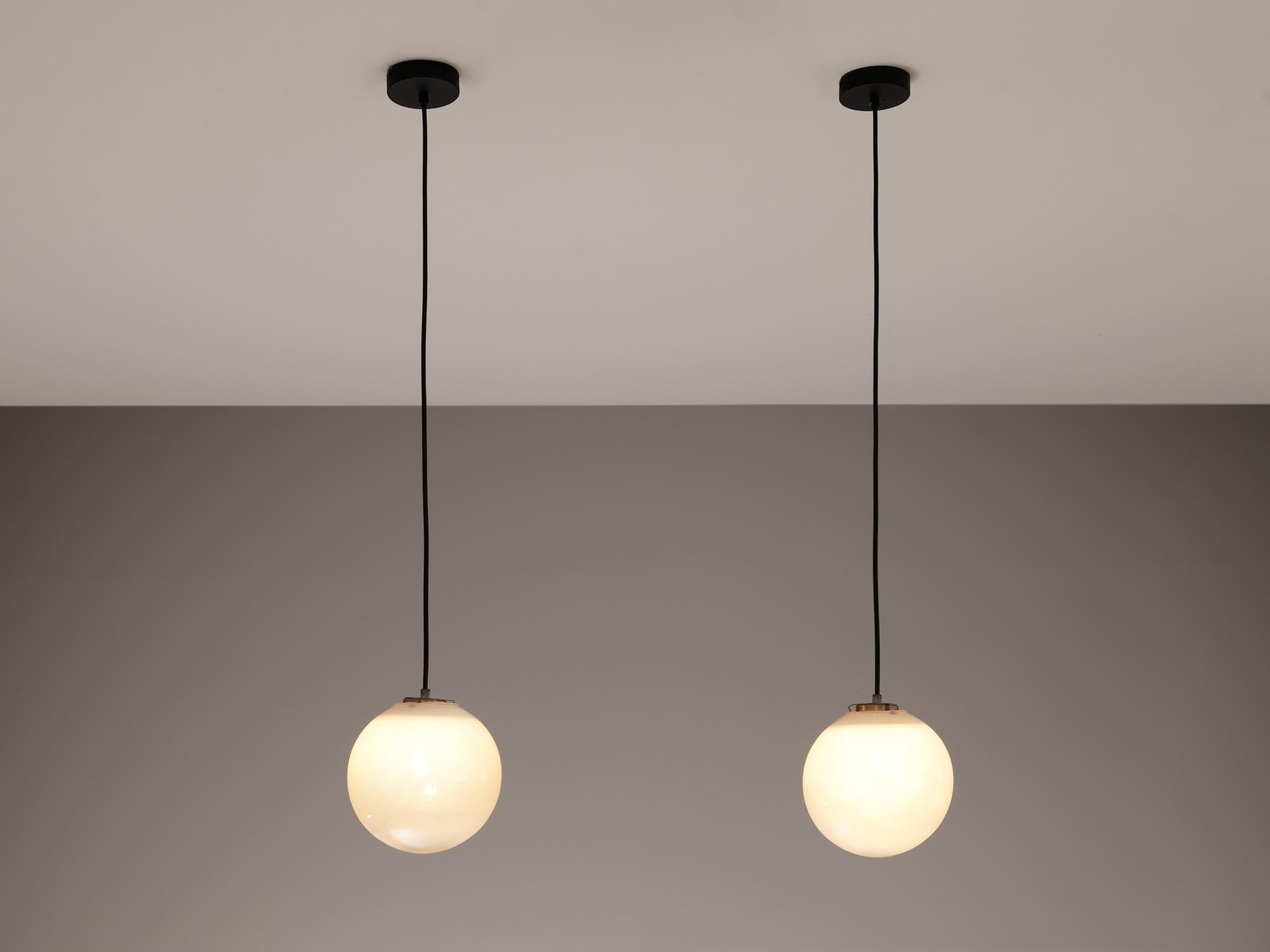 Mid-Century Pendants in White Opaque to Clear Glass