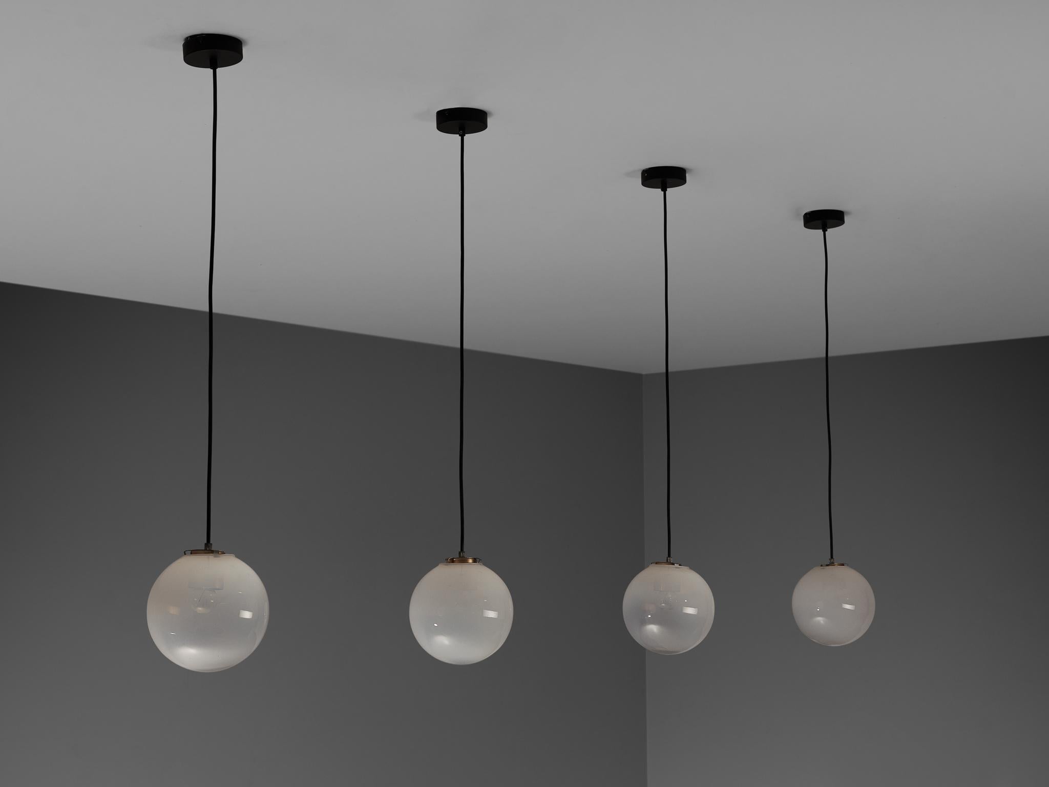 Mid-Century Pendants in White Opaque to Clear Glass