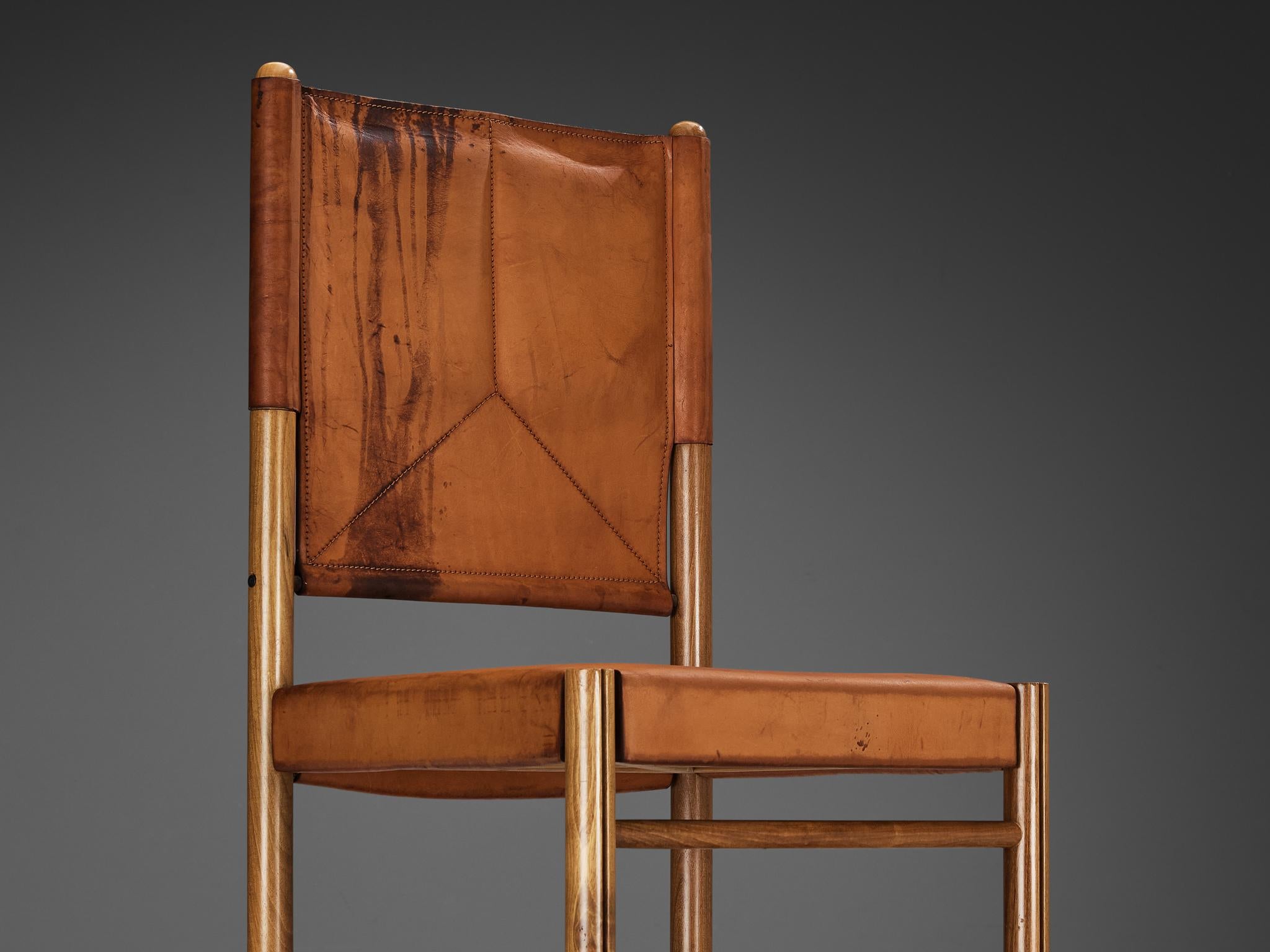 Italian Dining Chair in Cognac Saddle Leather and Walnut