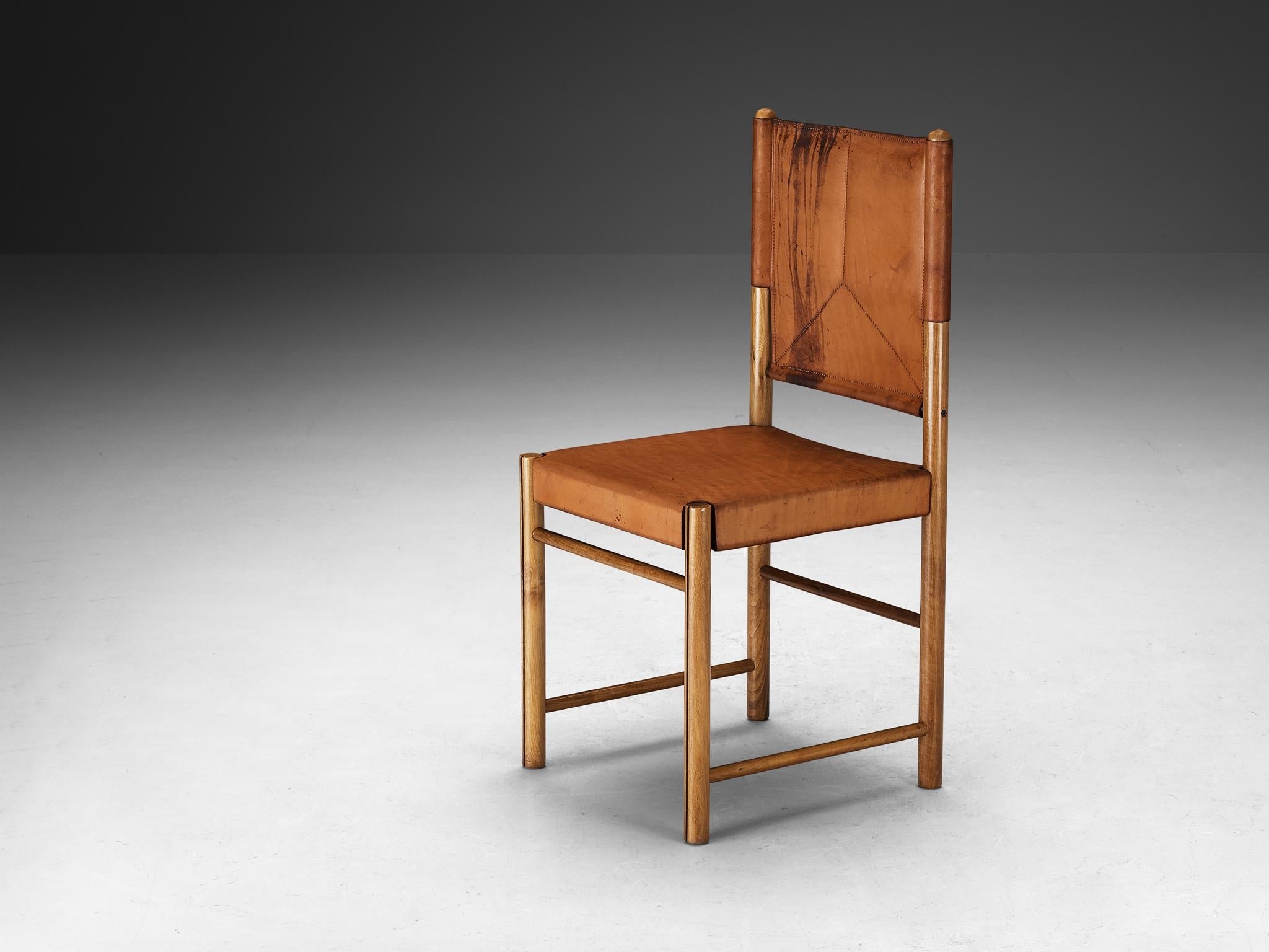 Italian Dining Chair in Cognac Saddle Leather and Walnut