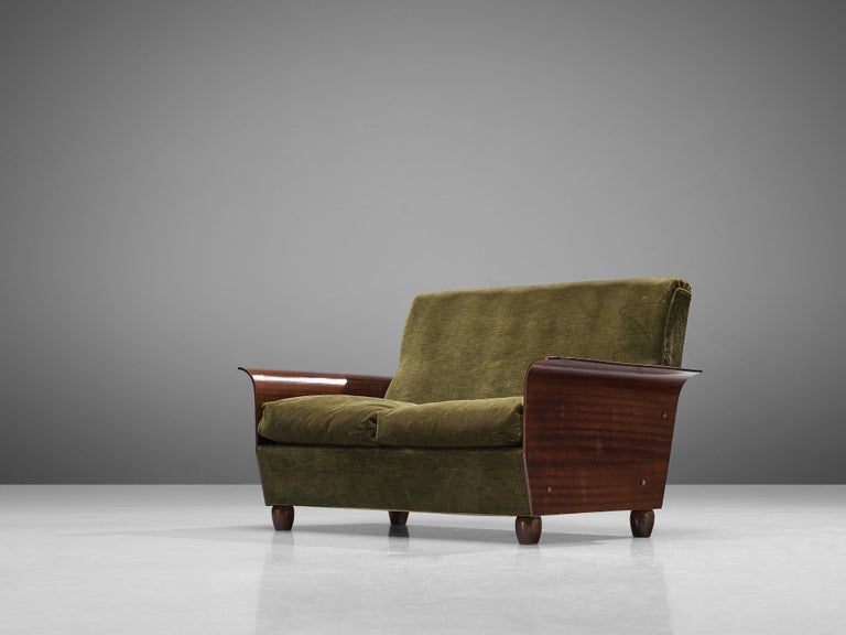 Exquisite Italian Two-Seat Sofa in Green Velvet Upholstery and Mahogany