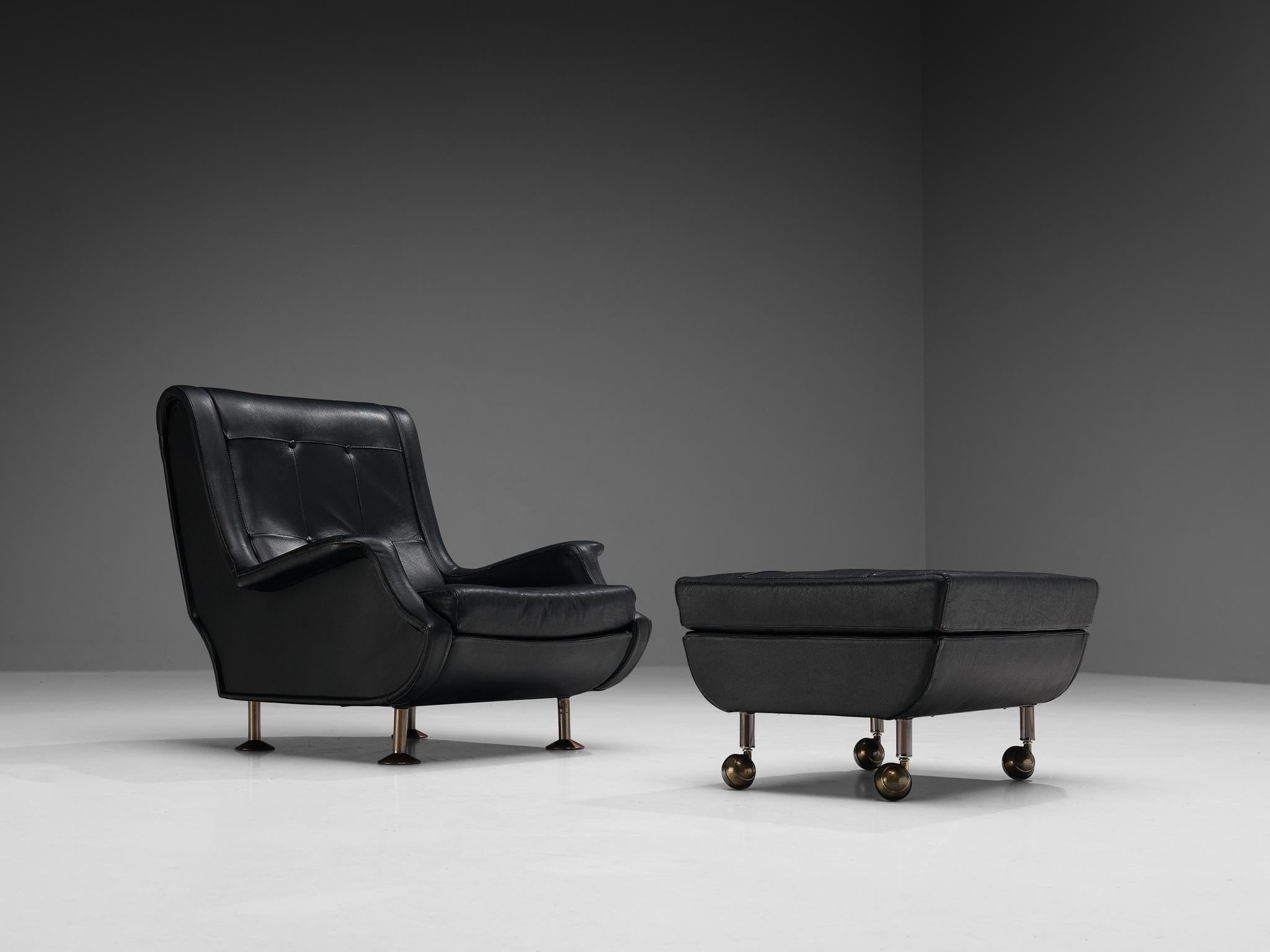 Marco Zanuso for Arflex 'Regent' Lounge Chair and Ottoman in Black Leather