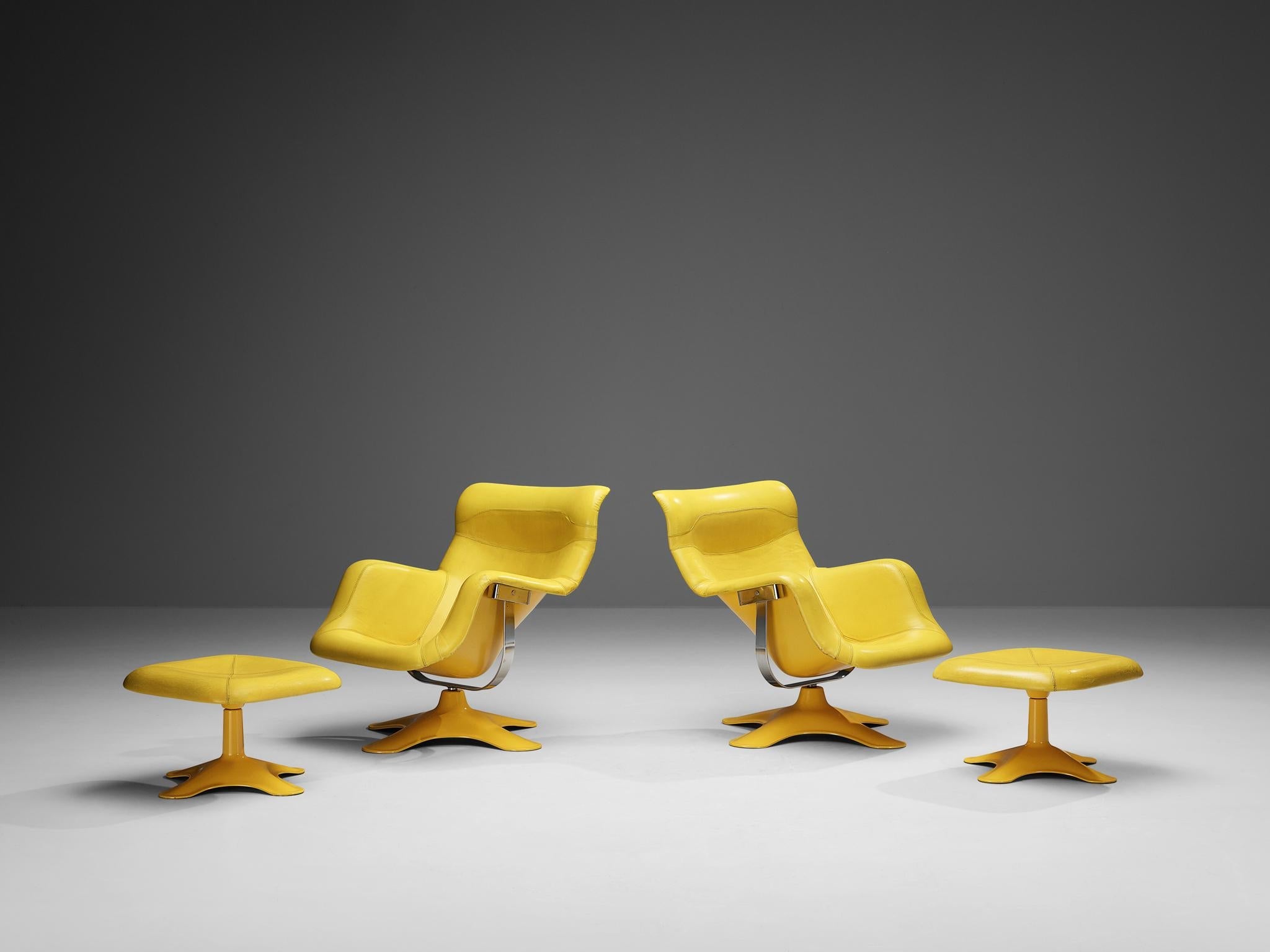 Yrj Kukkapuro Pair of Karuselli Chairs and Ottomans in Yellow Leather