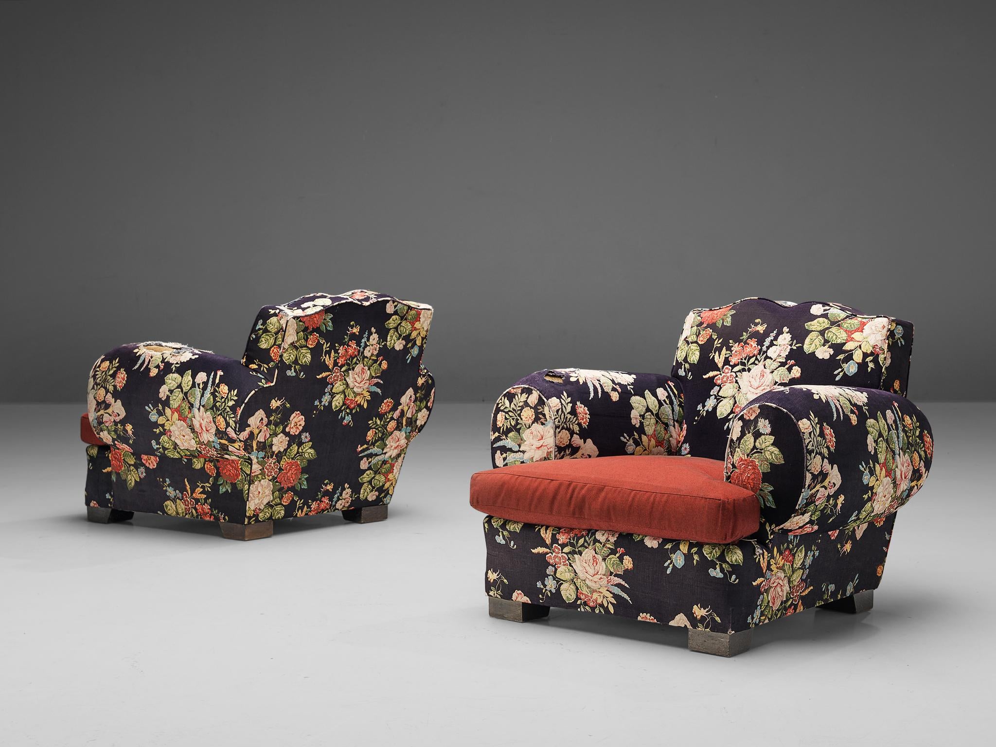 French Art Deco Pair of Lounge Chairs in Floral Upholstery