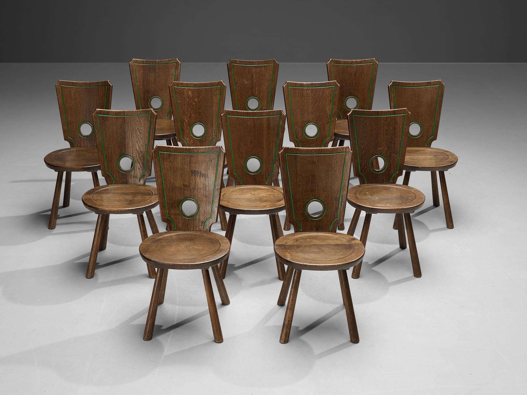 Set of Twelve Rustic French Dining Chairs in Solid Oak