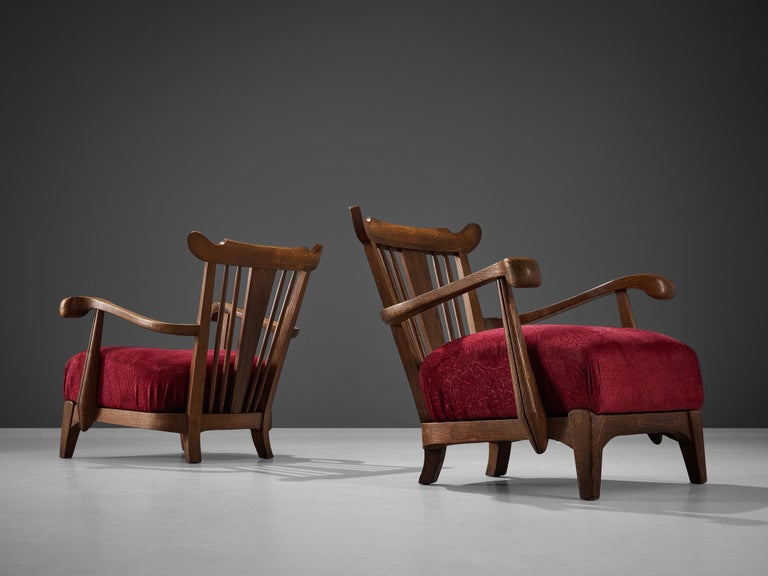 Sculpted French Pair of Armchairs in Oak and Burgundy Velvet Upholstery