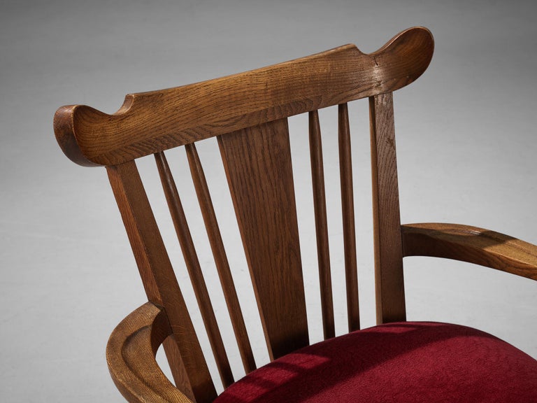 Sculpted French Pair of Armchairs in Oak and Burgundy Velvet Upholstery