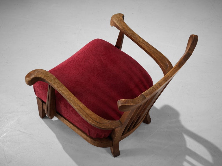 Sculpted French Pair of Armchairs in Oak and Burgundy Velvet Upholstery