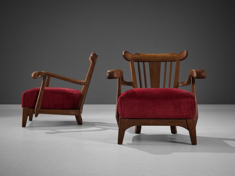 Sculpted French Pair of Armchairs in Oak and Burgundy Velvet Upholstery