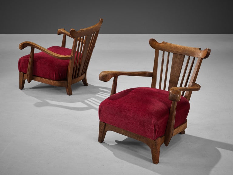 Sculpted French Pair of Armchairs in Oak and Burgundy Velvet Upholstery