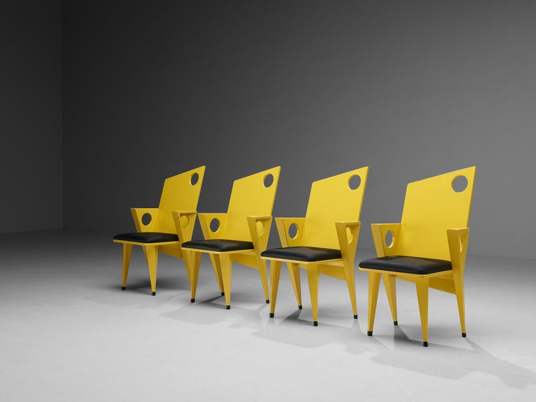 Postmodern Set of Four Armchairs with Vibrant Yellow Frame