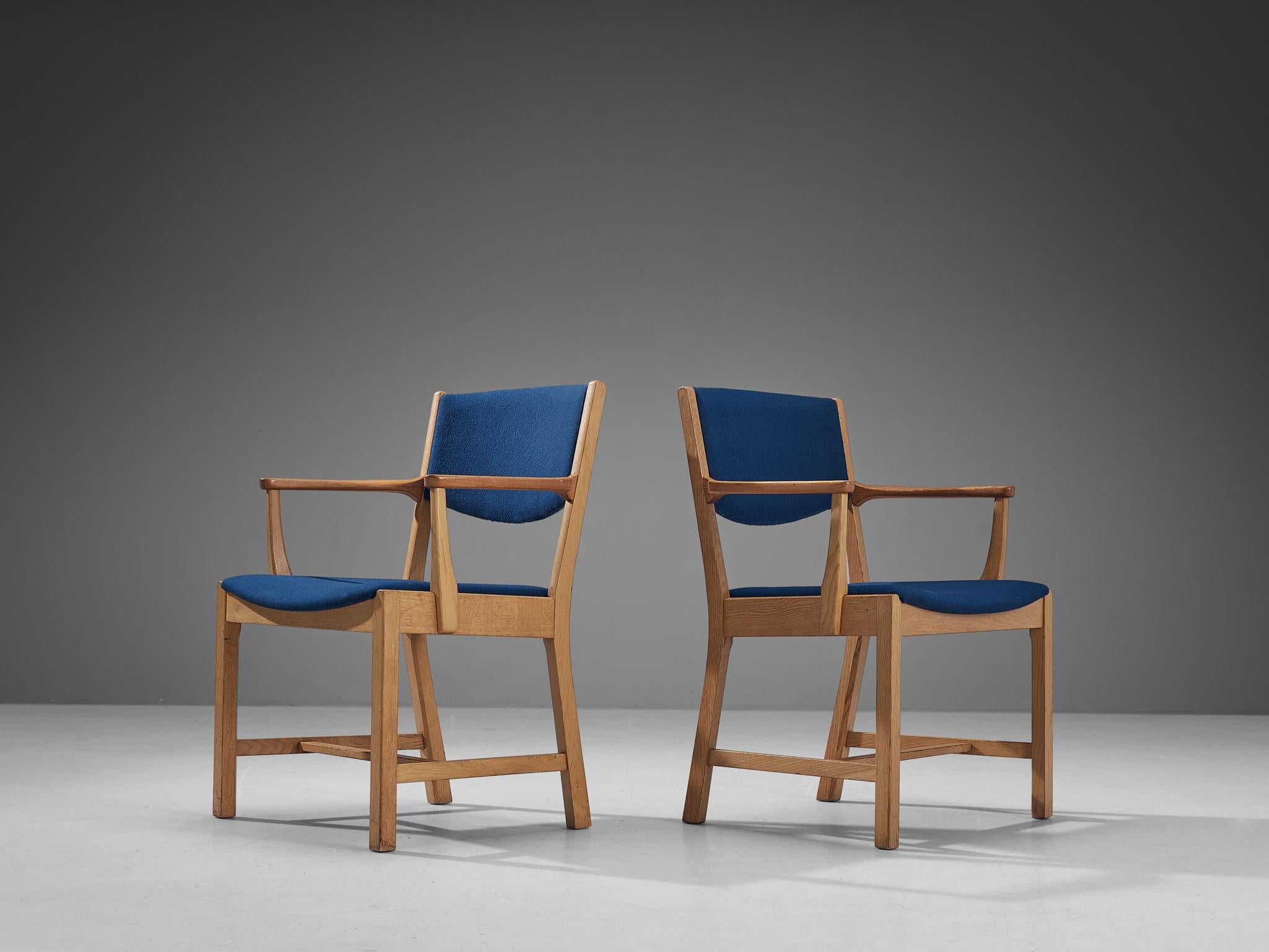 Pair of Danish Armchairs in Oak, Teak and Blue Upholstery