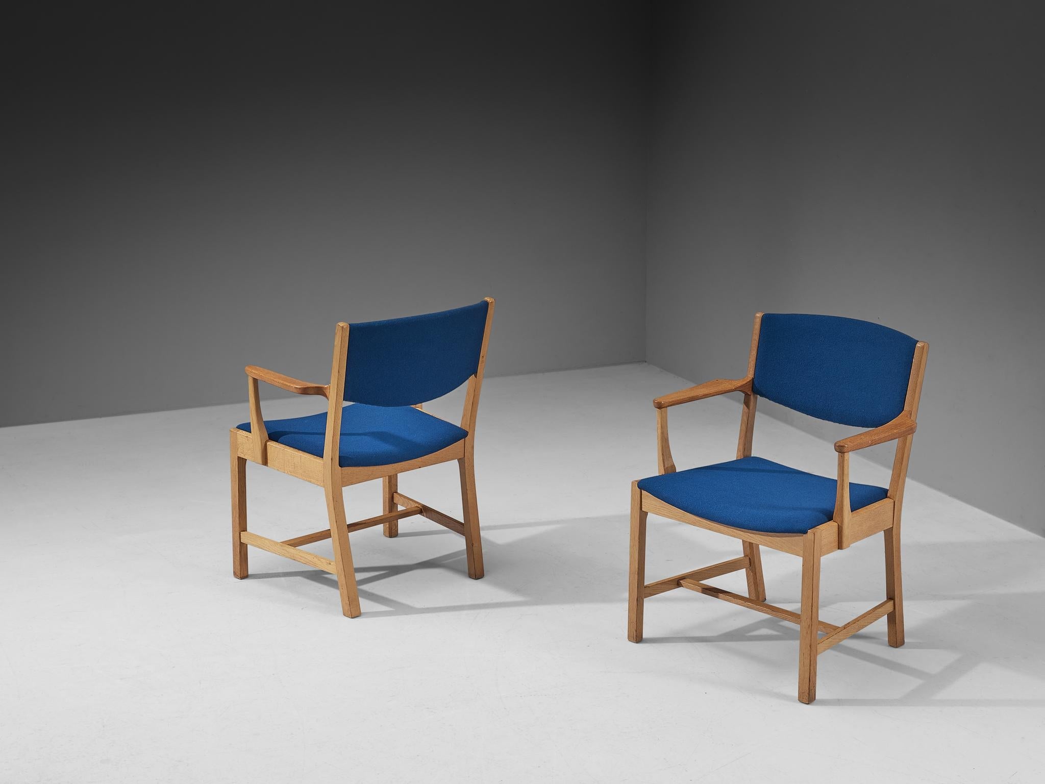 Pair of Danish Armchairs in Oak, Teak and Blue Upholstery