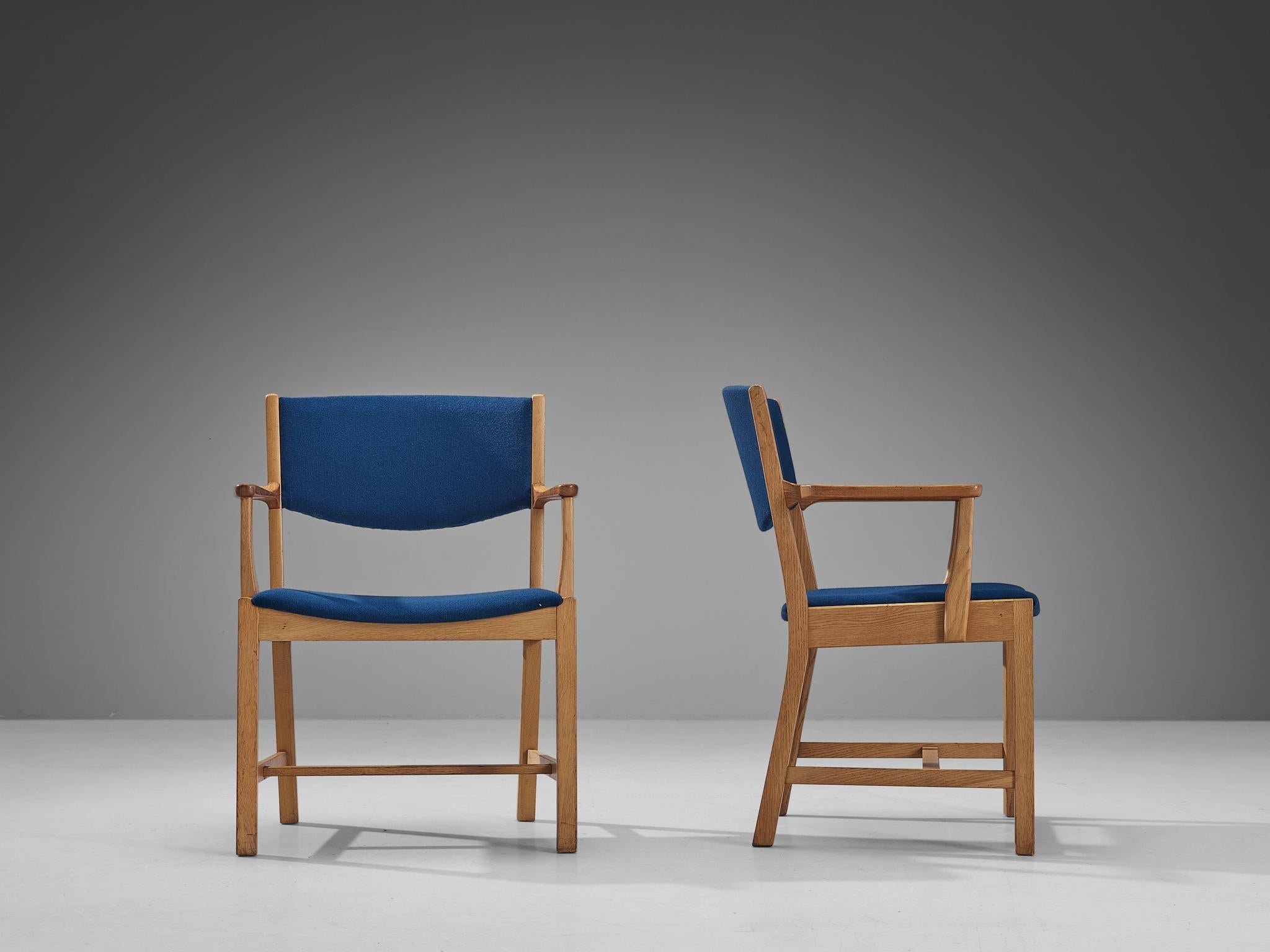 Pair of Danish Armchairs in Oak, Teak and Blue Upholstery