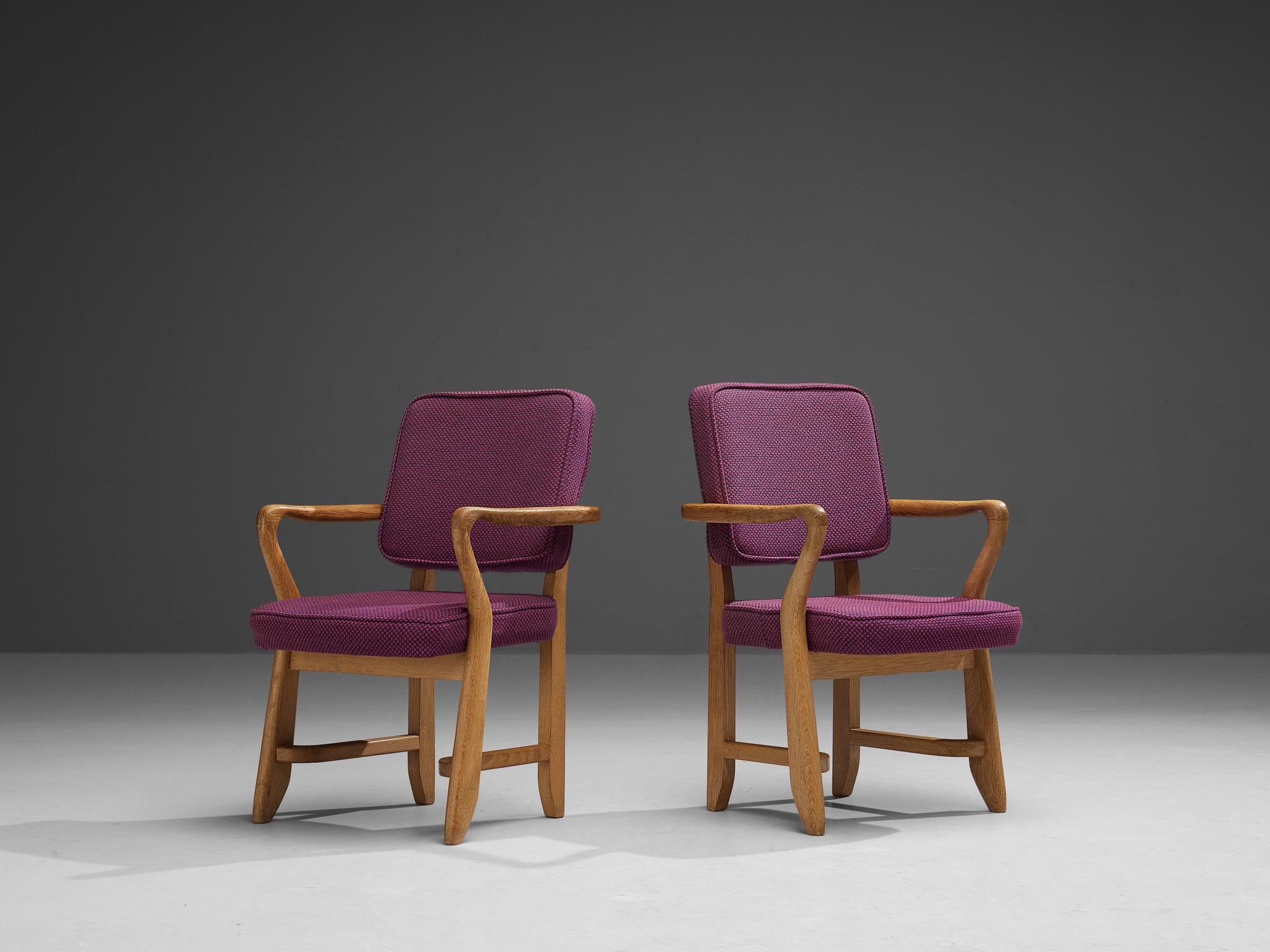 Guillerme & Chambron Pair of 'Denis' Armchairs in Oak and Purple Upholstery