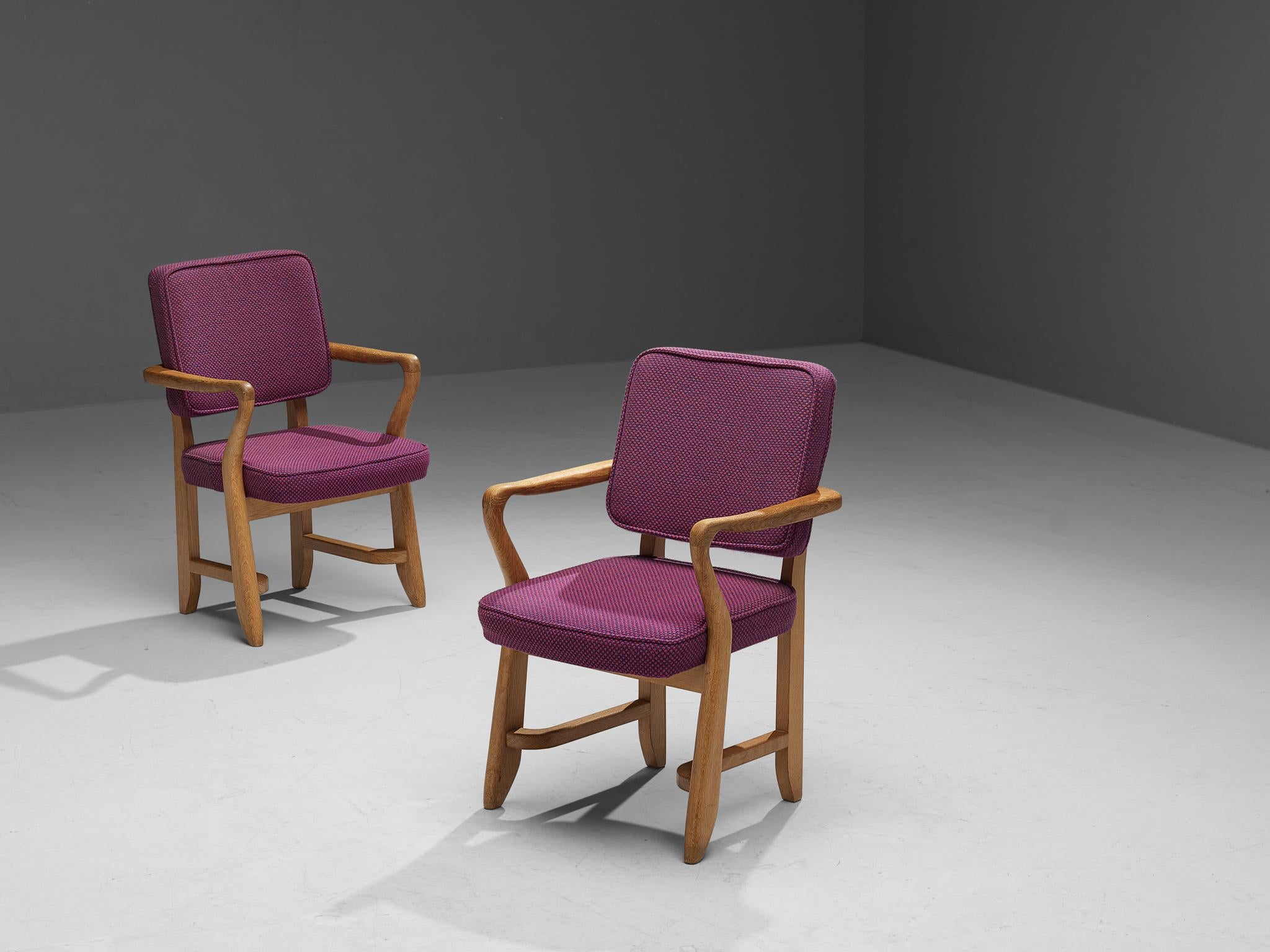 Guillerme & Chambron Pair of 'Denis' Armchairs in Oak and Purple Upholstery