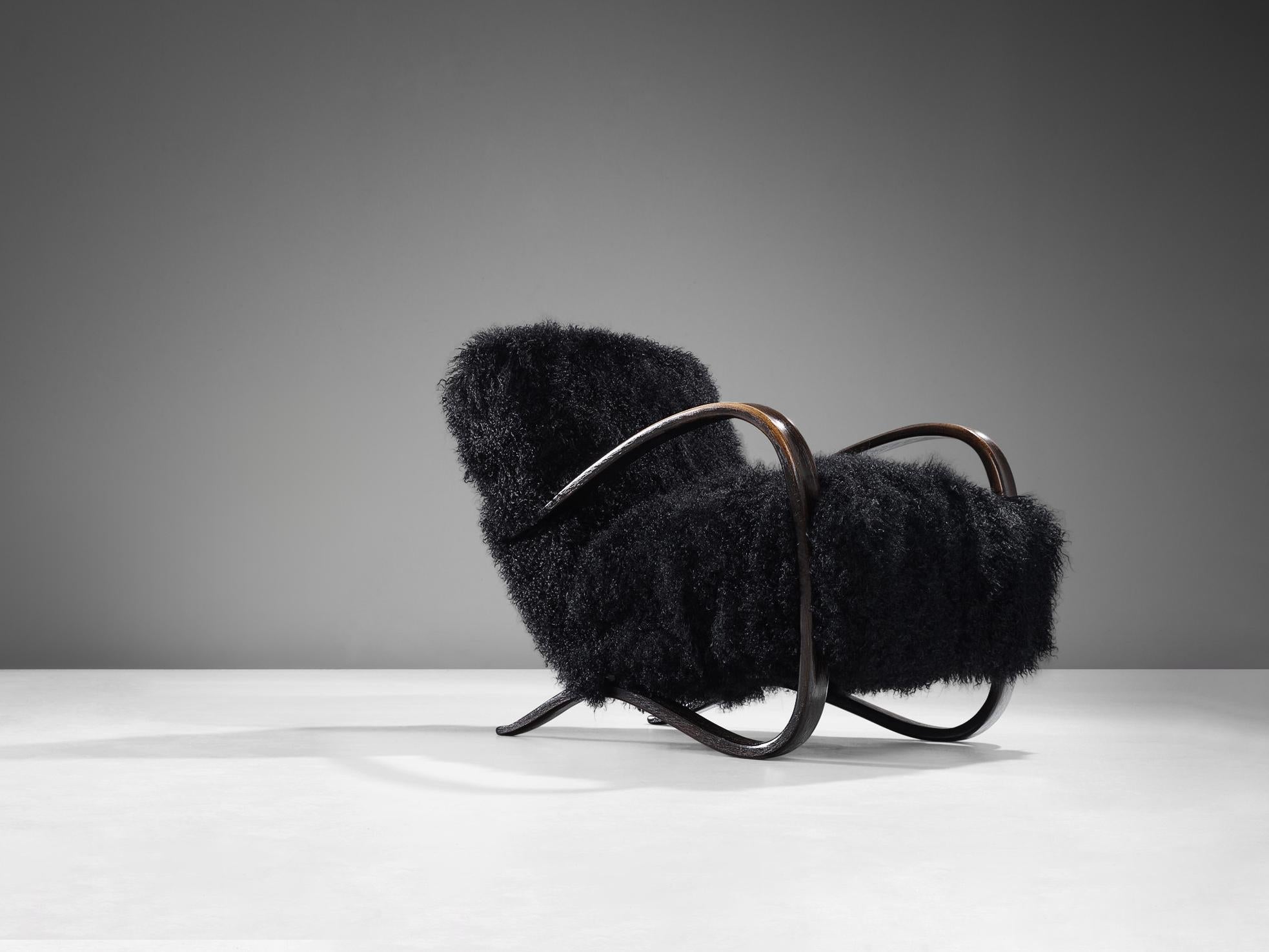 Jindrich Halabala Lounge Chair in Black Tibetan Lambswool