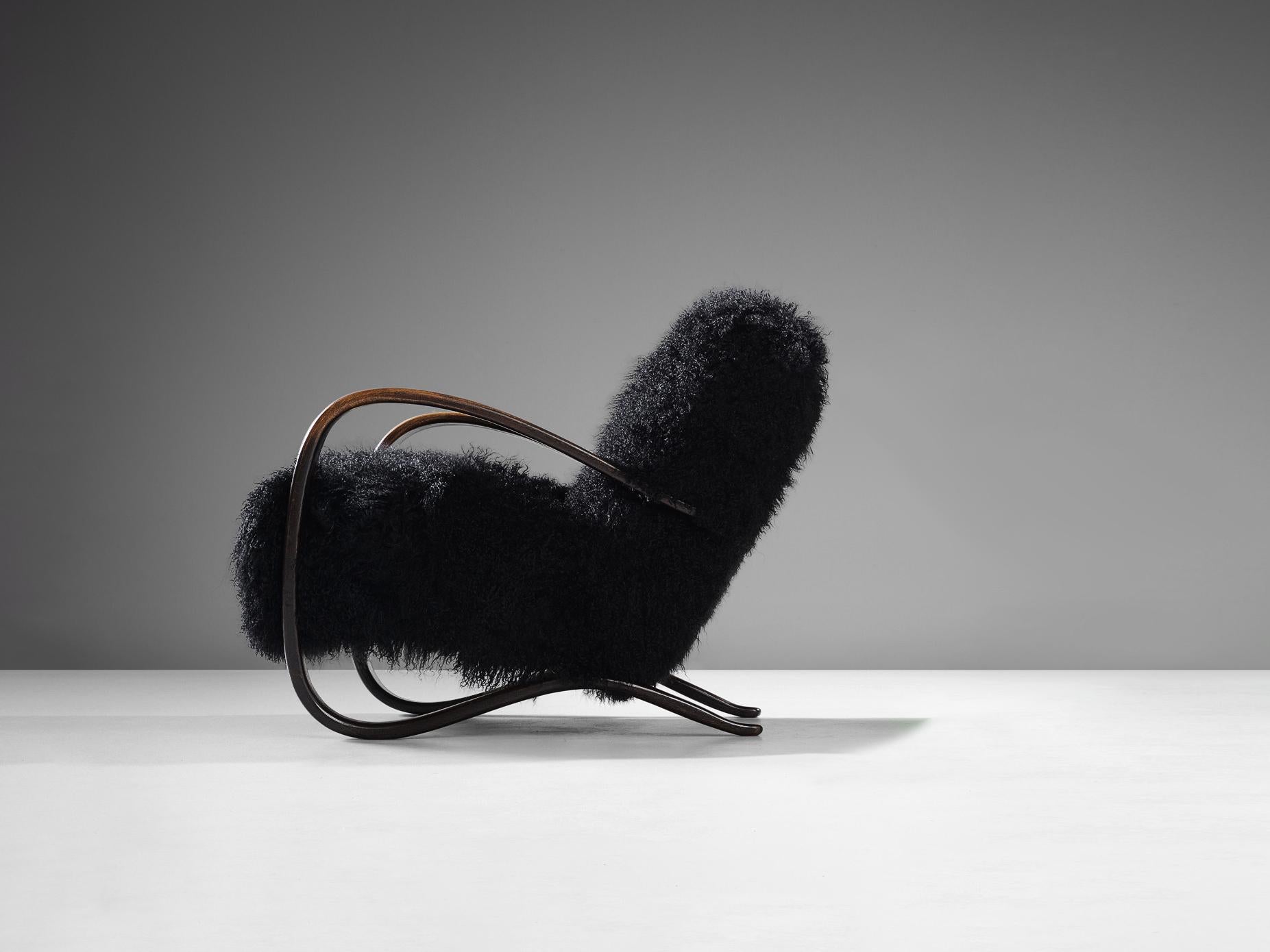 Jindrich Halabala Lounge Chair in Black Tibetan Lambswool