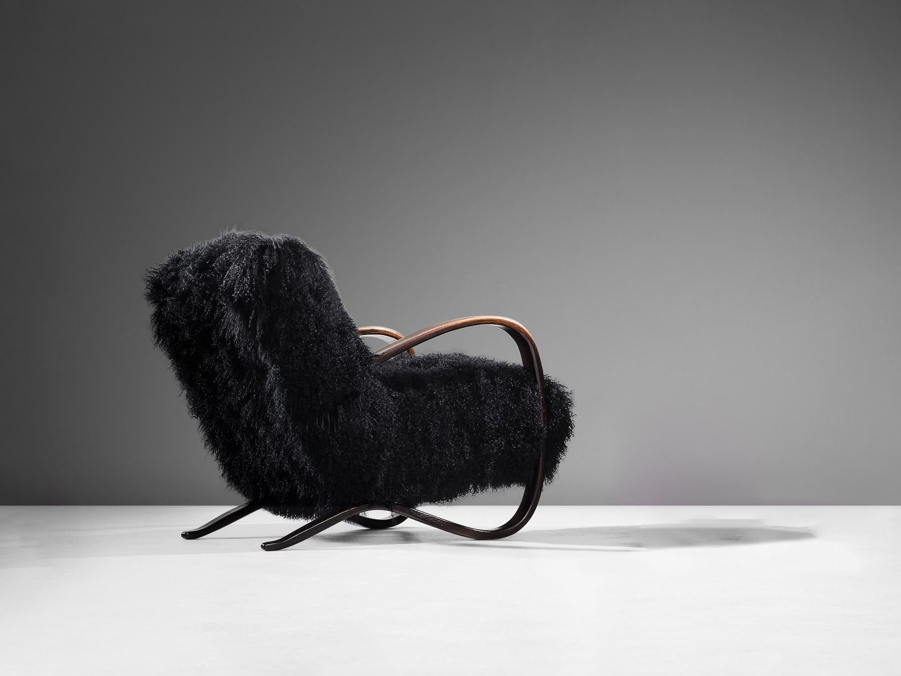 Jindrich Halabala Lounge Chair in Black Tibetan Lambswool