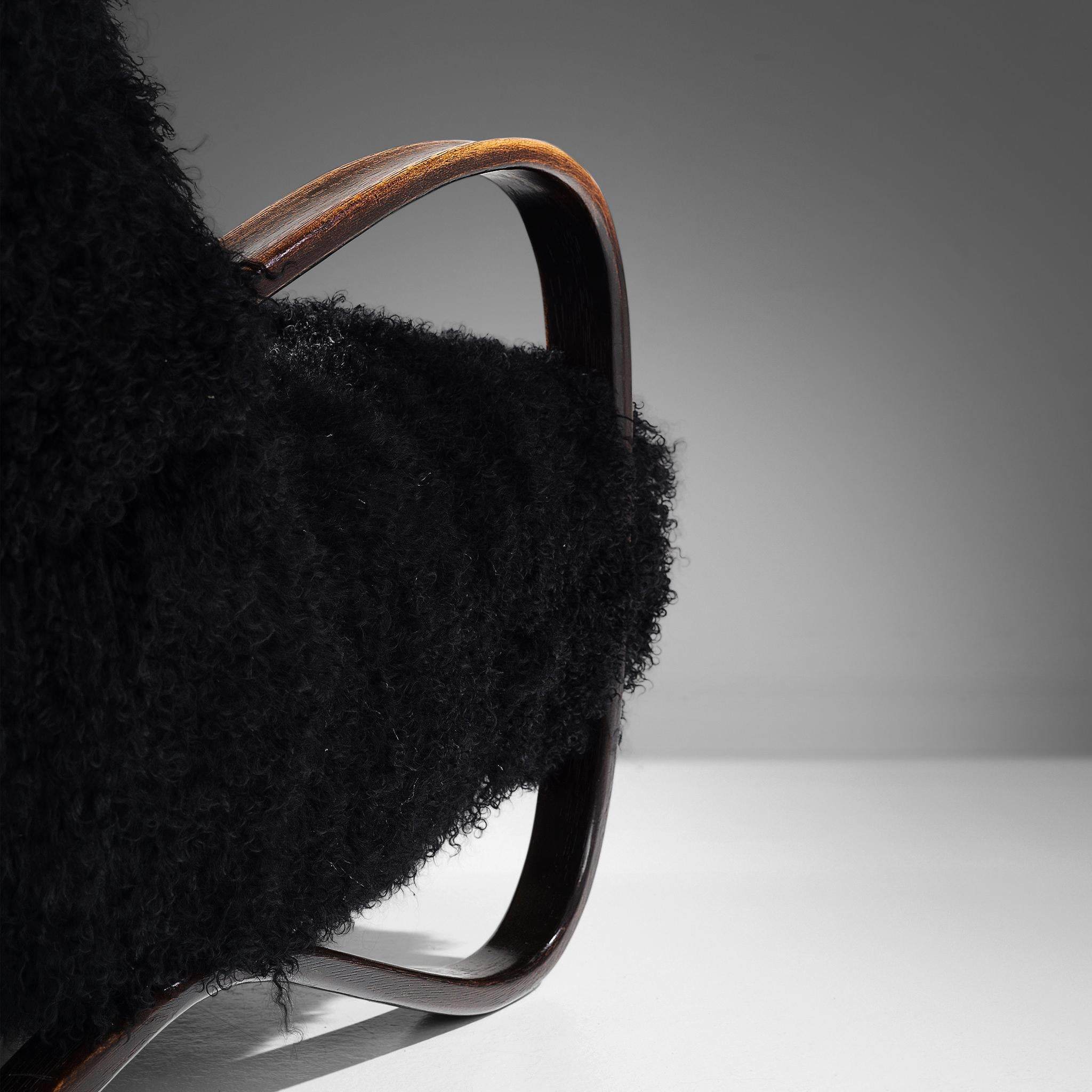 Jindrich Halabala Lounge Chair in Black Tibetan Lambswool