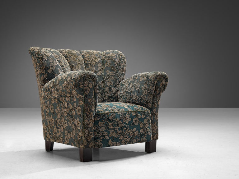 Delicate Pair of Lounge Chairs in Green and Beige Floral Upholstery