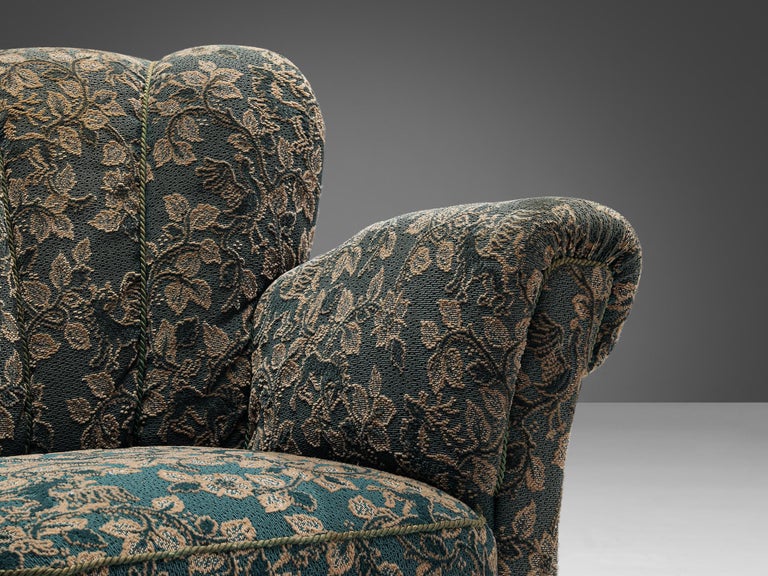 Delicate Pair of Lounge Chairs in Green and Beige Floral Upholstery