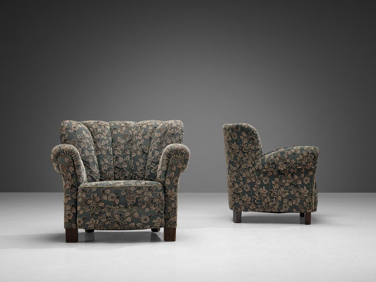 Delicate Pair of Lounge Chairs in Green and Beige Floral Upholstery