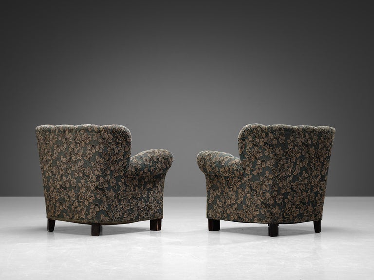 Delicate Pair of Lounge Chairs in Green and Beige Floral Upholstery