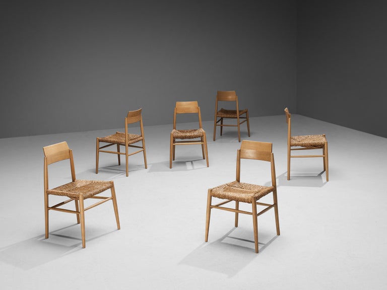 French Set of Six Dining Chairs in Wood and Straw