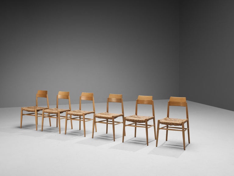 French Set of Six Dining Chairs in Wood and Straw