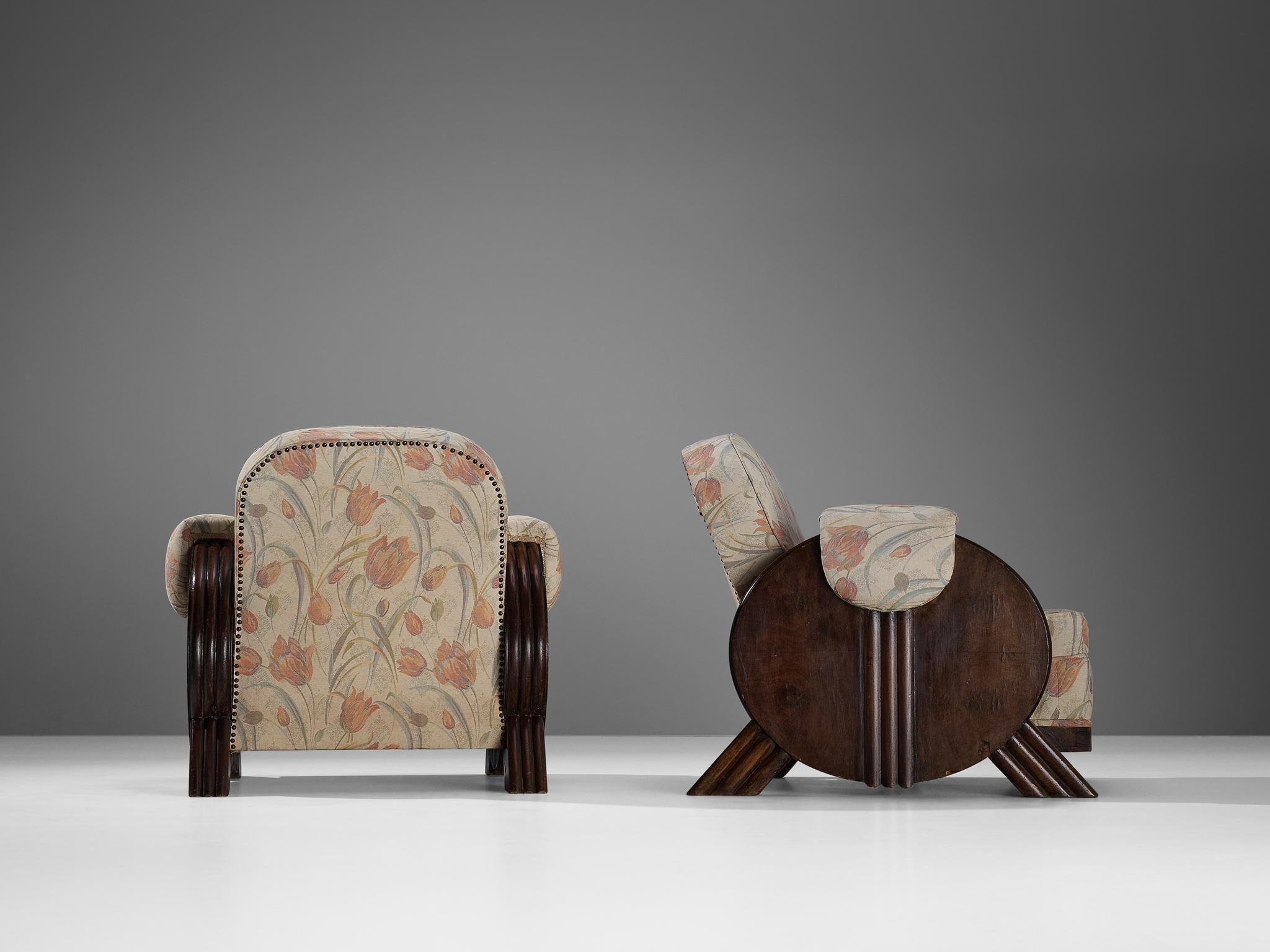 Italian Art Deco Pair of Lounge Chairs in Floral Upholstery and Wood