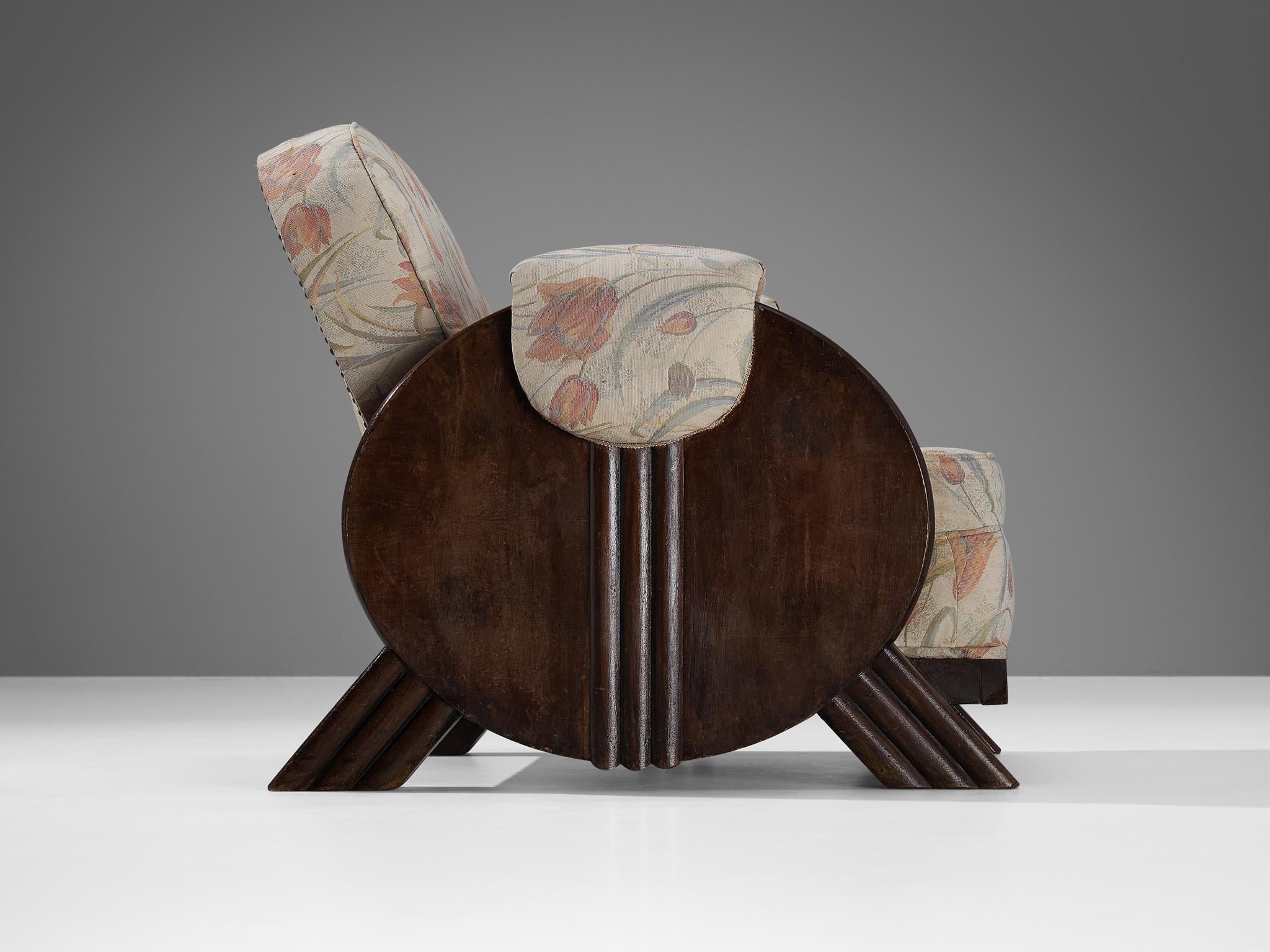 Italian Art Deco Pair of Lounge Chairs in Floral Upholstery and Wood