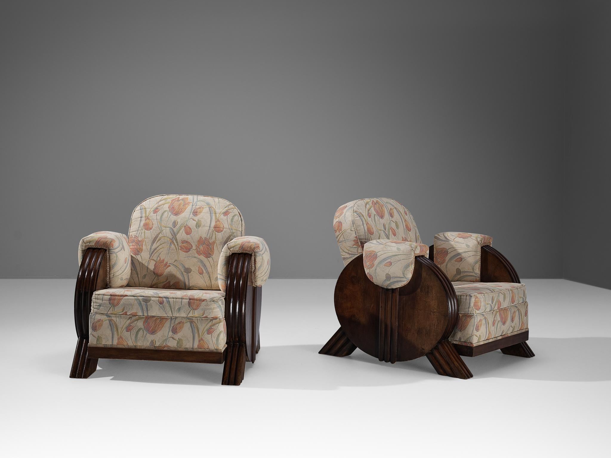 Italian Art Deco Pair of Lounge Chairs in Floral Upholstery and Wood