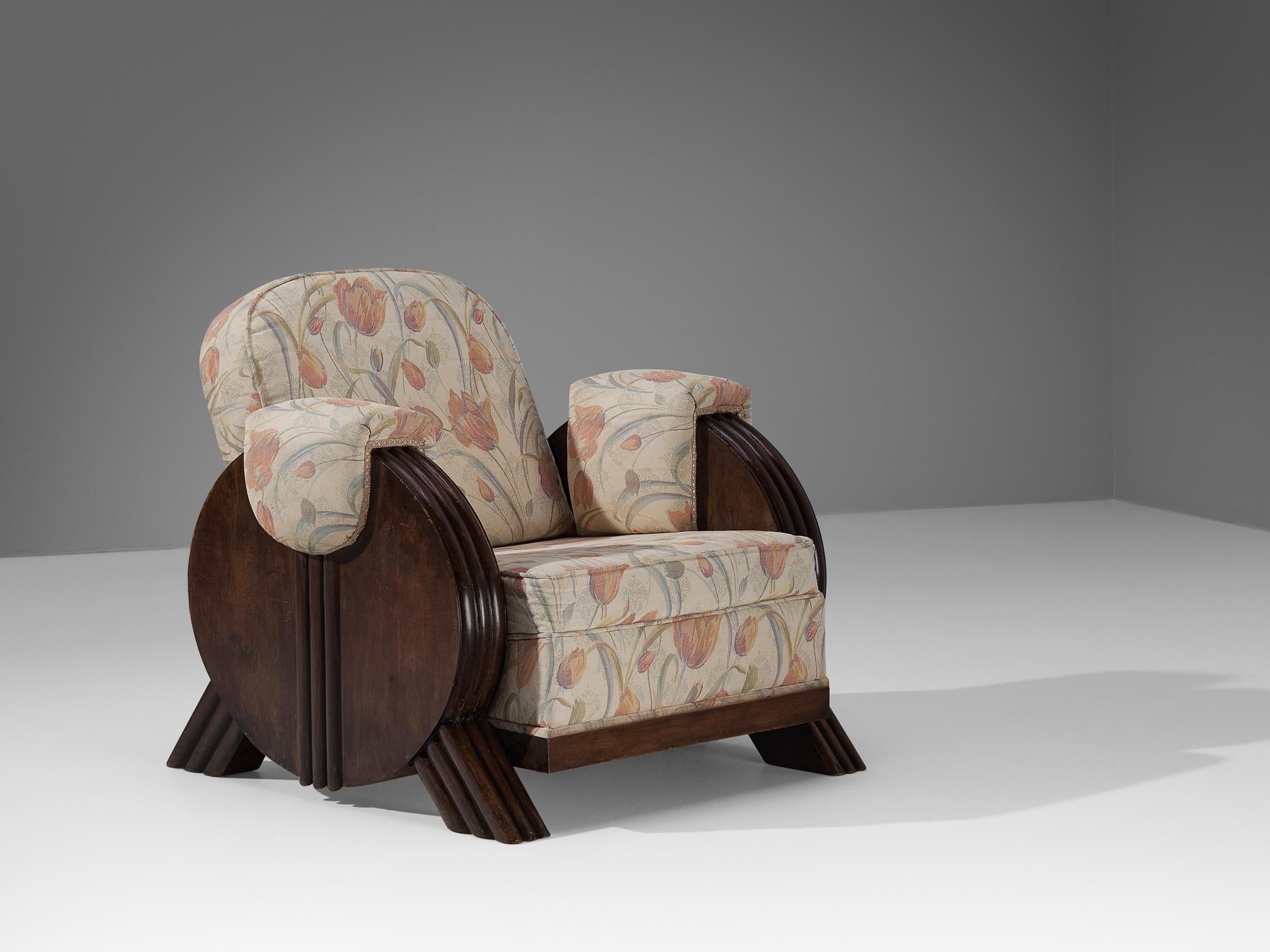 Italian Art Deco Pair of Lounge Chairs in Floral Upholstery and Wood