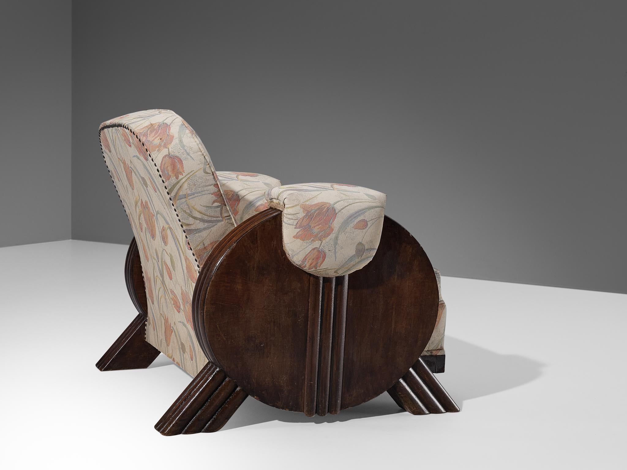 Italian Art Deco Pair of Lounge Chairs in Floral Upholstery and Wood