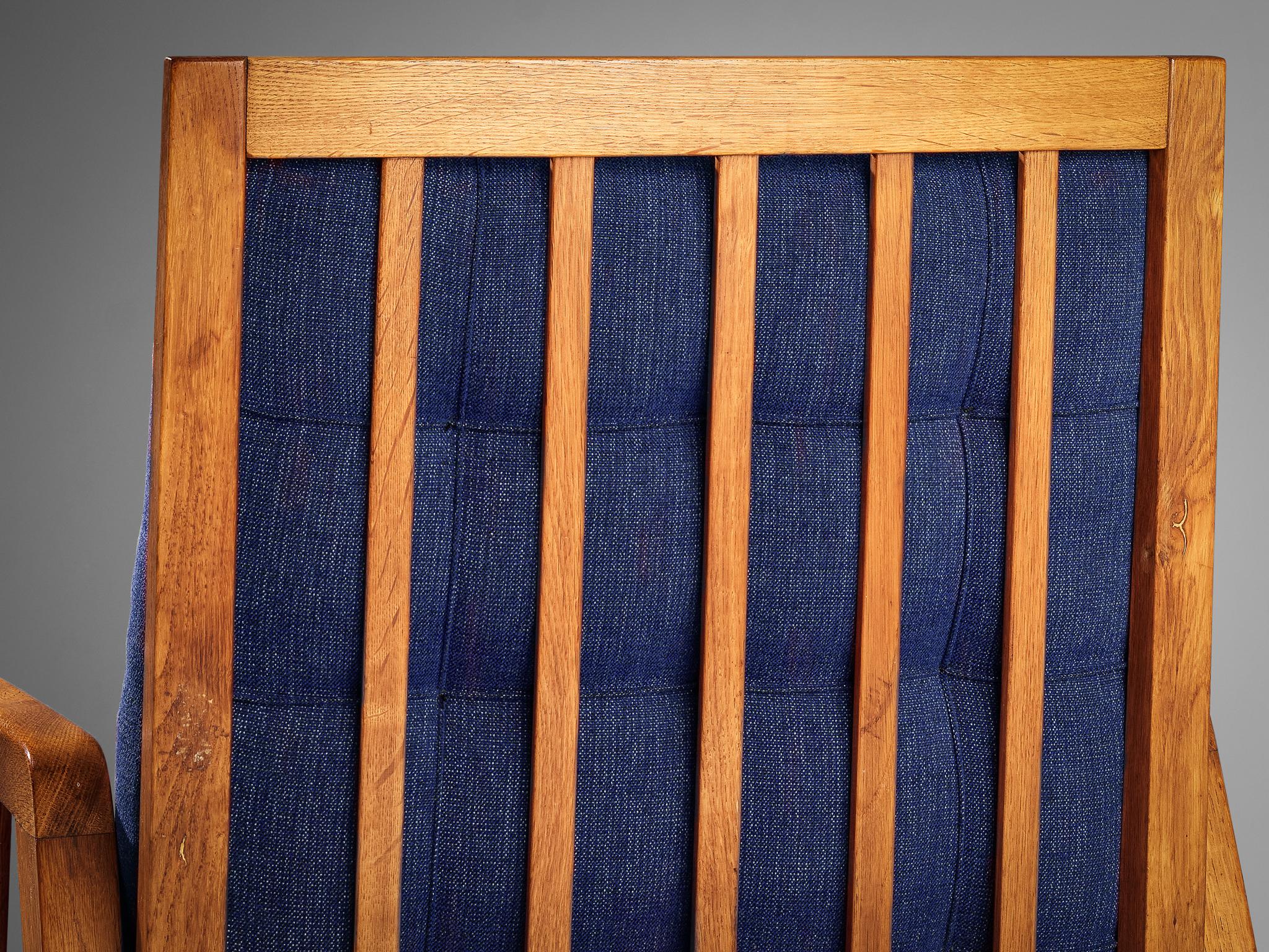 Pair of Lounge Chairs in Oak With Slatted Backs in Dark Blue Upholstery