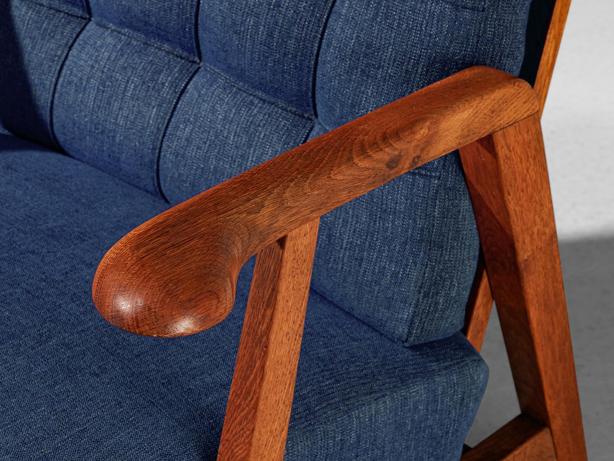 Pair of Lounge Chairs in Oak With Slatted Backs in Dark Blue Upholstery