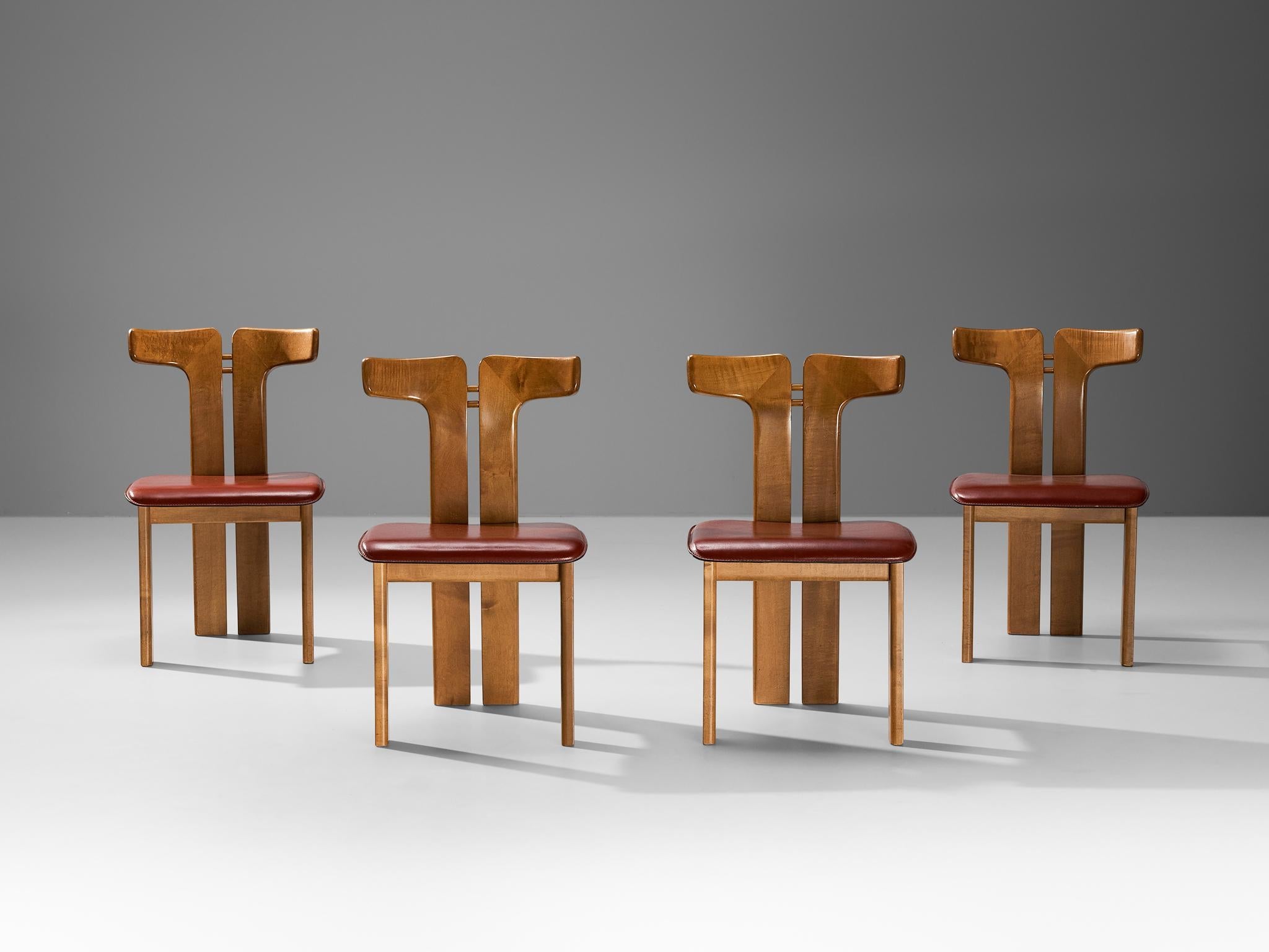 Pierre Cardin Set of Four Dining Chairs in Walnut and Red Leather