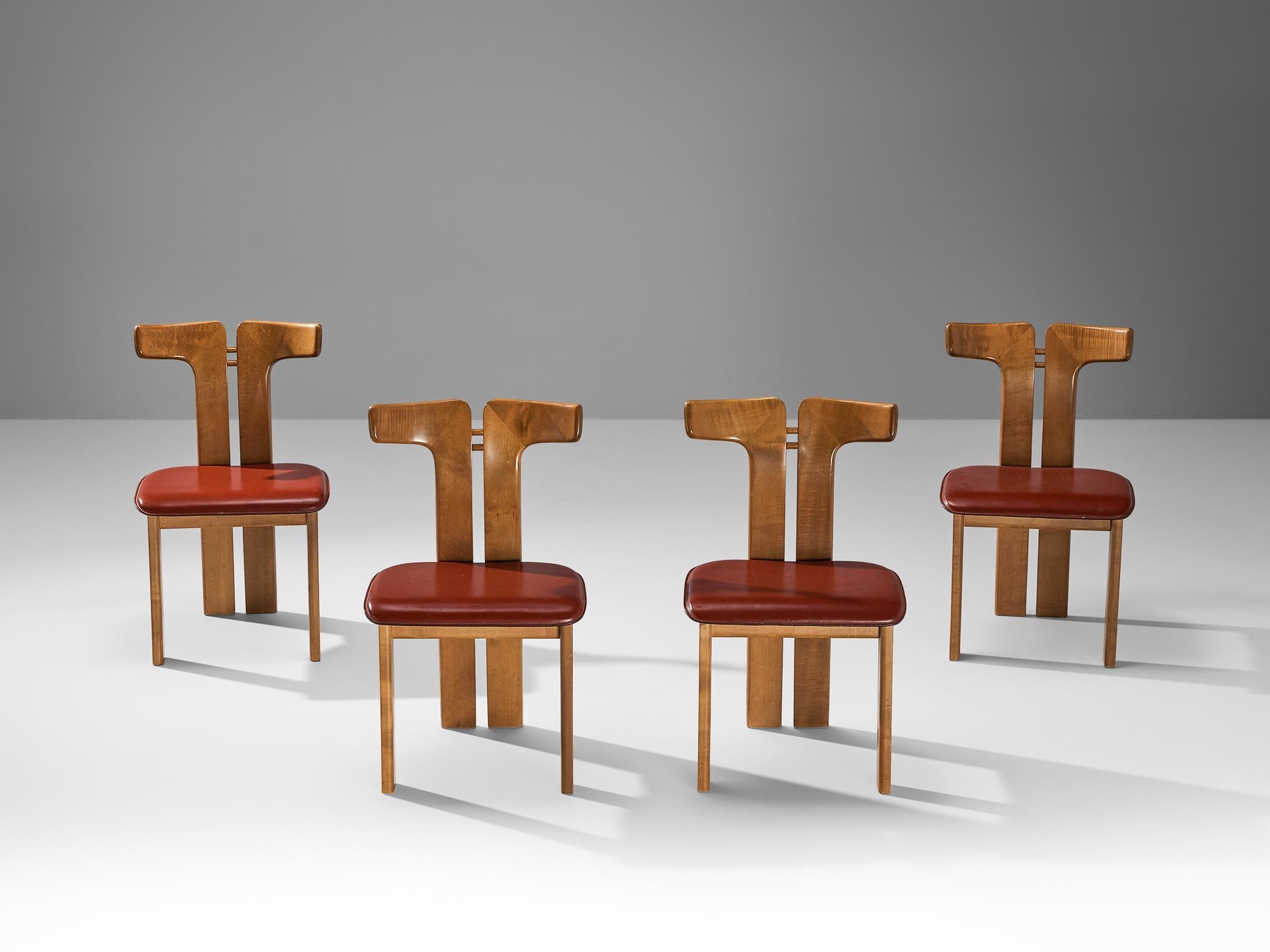 Pierre Cardin Set of Four Dining Chairs in Walnut and Red Leather