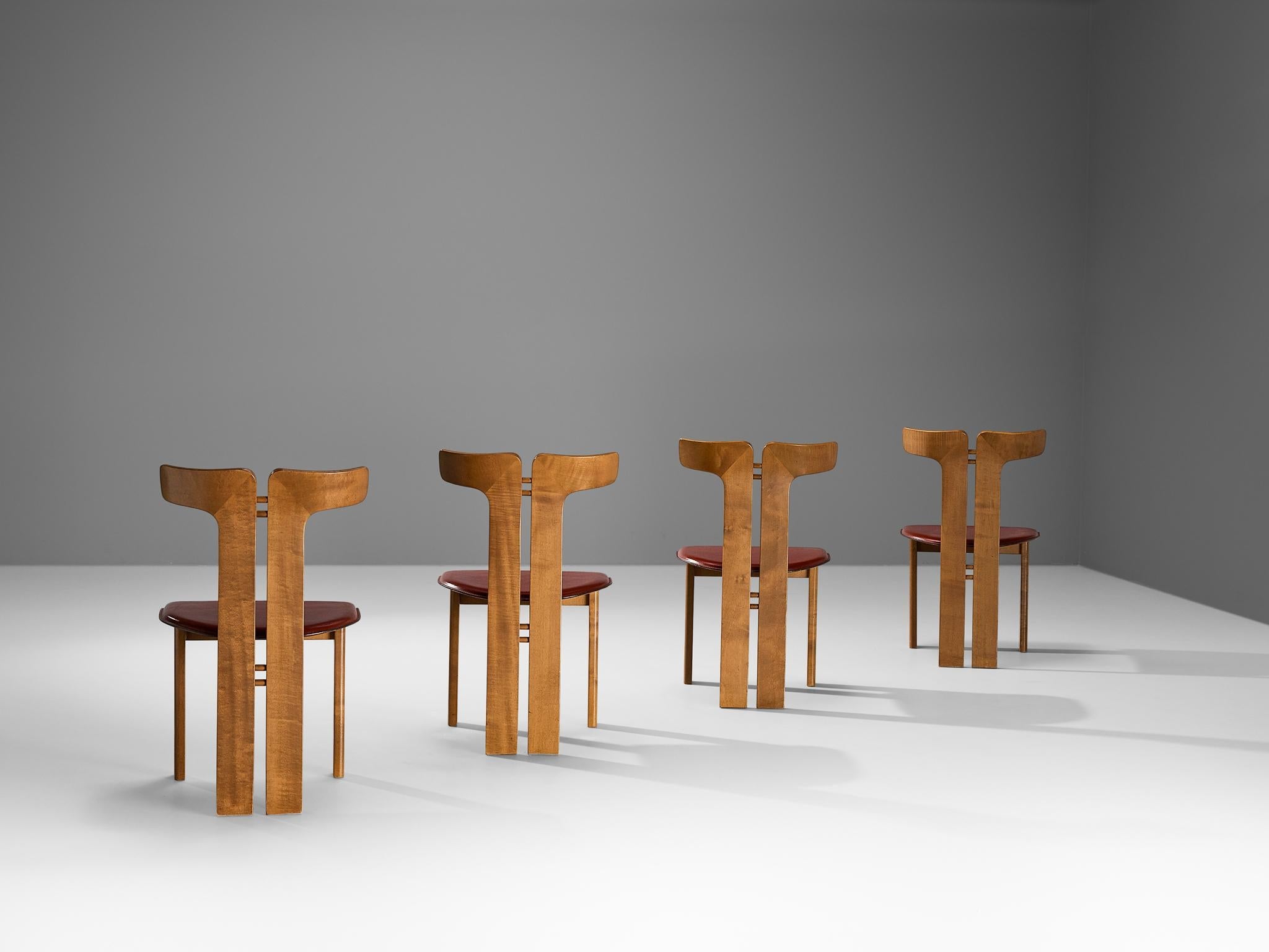 Pierre Cardin Set of Four Dining Chairs in Walnut and Red Leather