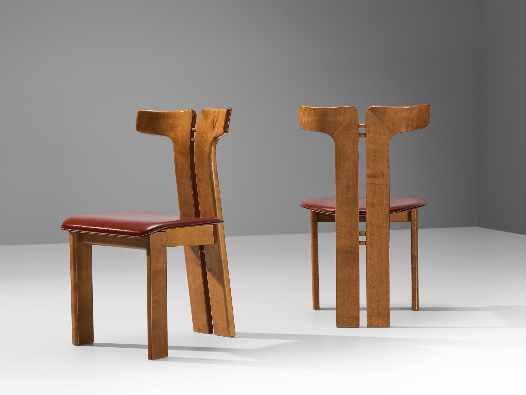 Pierre Cardin Set of Four Dining Chairs in Walnut and Red Leather