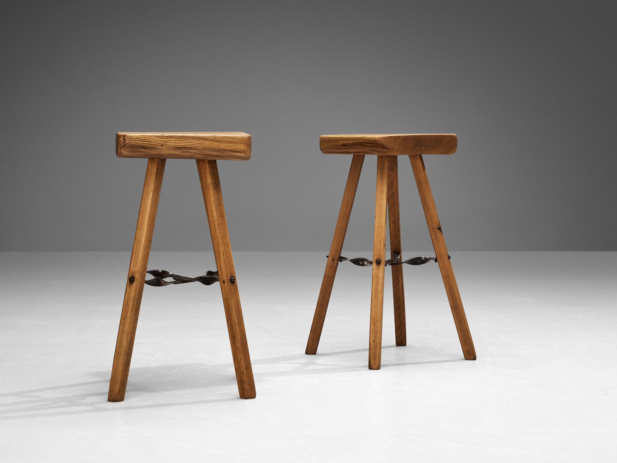 Mobichalet Brutalist Bar Stools in Blond Pine Wood and Iron