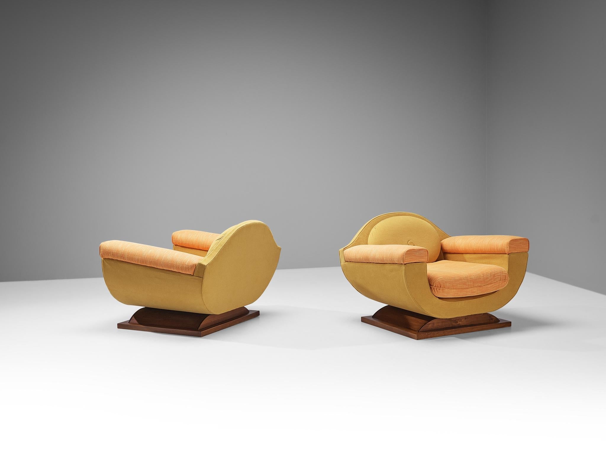 Italian Art Deco Pair of Lounge Chairs in Orange Yellow Upholstery