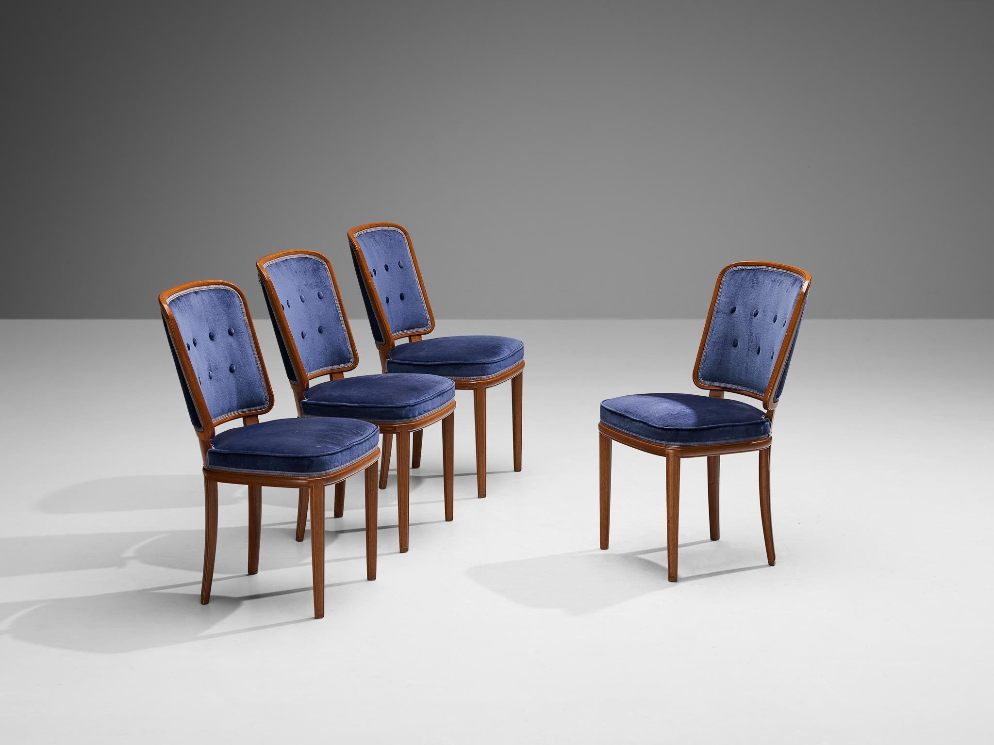 Carl Malmsten Set of Four Dining Chairs in Walnut and Blue Velvet