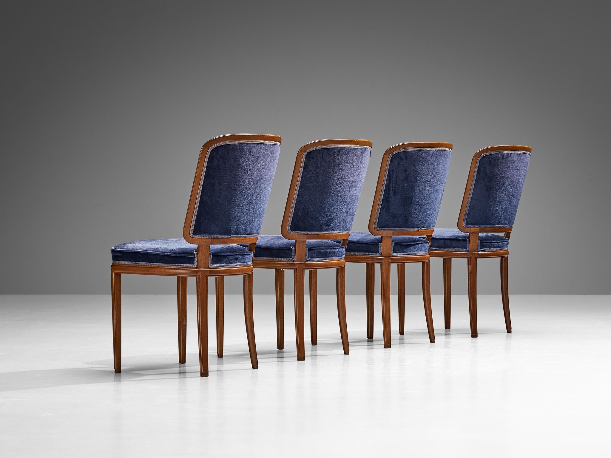 Carl Malmsten Set of Four Dining Chairs in Walnut and Blue Velvet