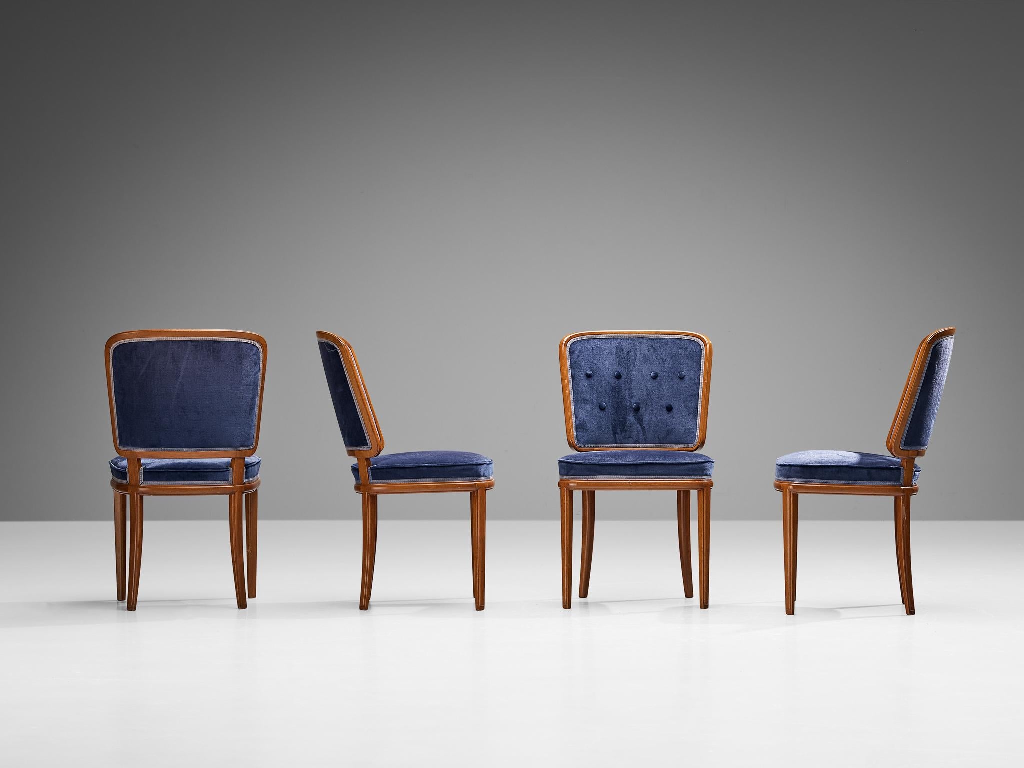 Carl Malmsten Set of Four Dining Chairs in Walnut and Blue Velvet