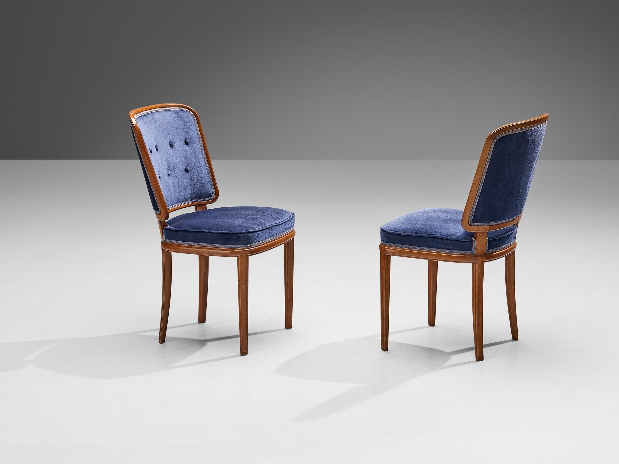 Carl Malmsten Set of Four Dining Chairs in Walnut and Blue Velvet