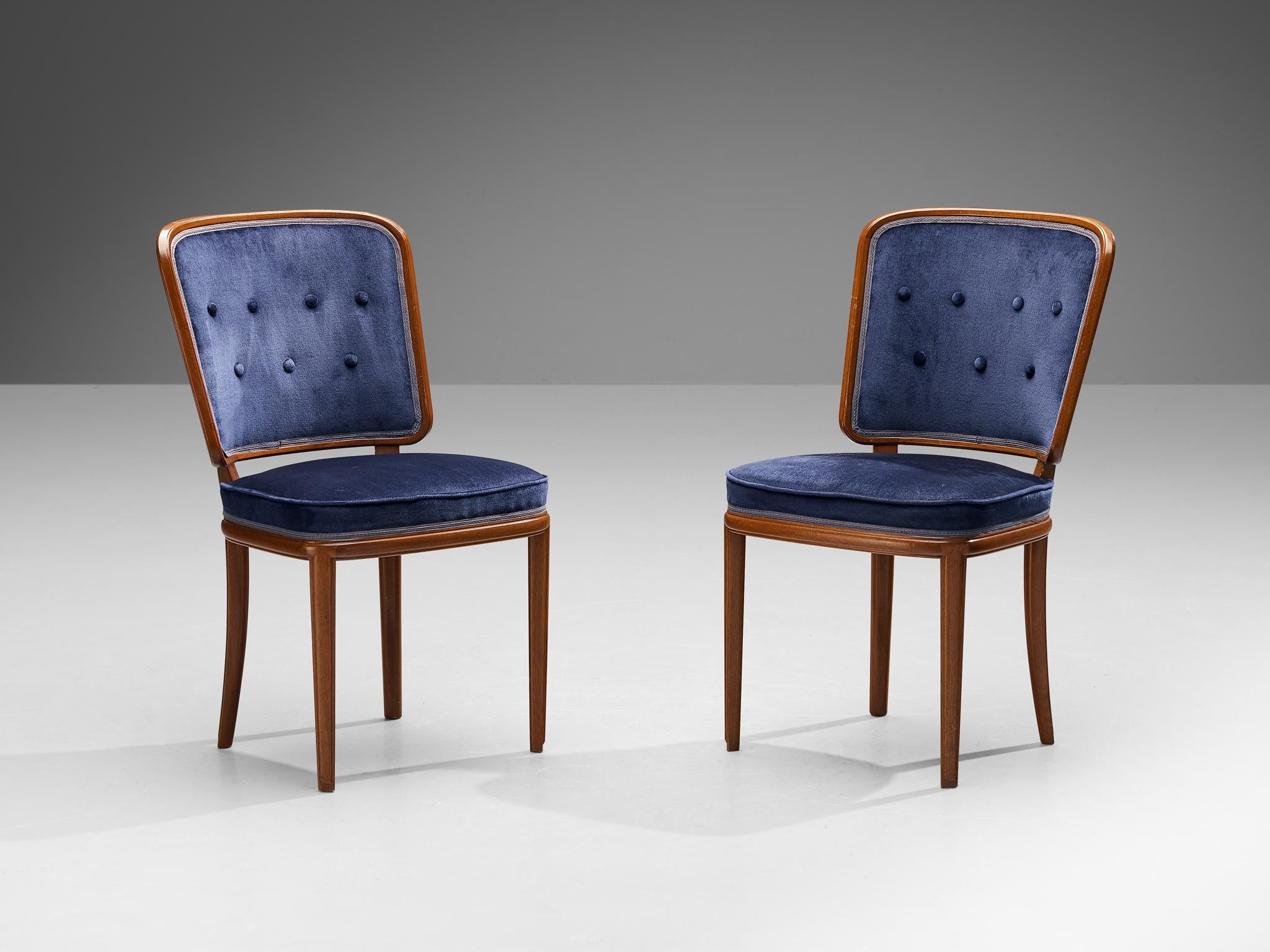 Carl Malmsten Set of Four Dining Chairs in Walnut and Blue Velvet